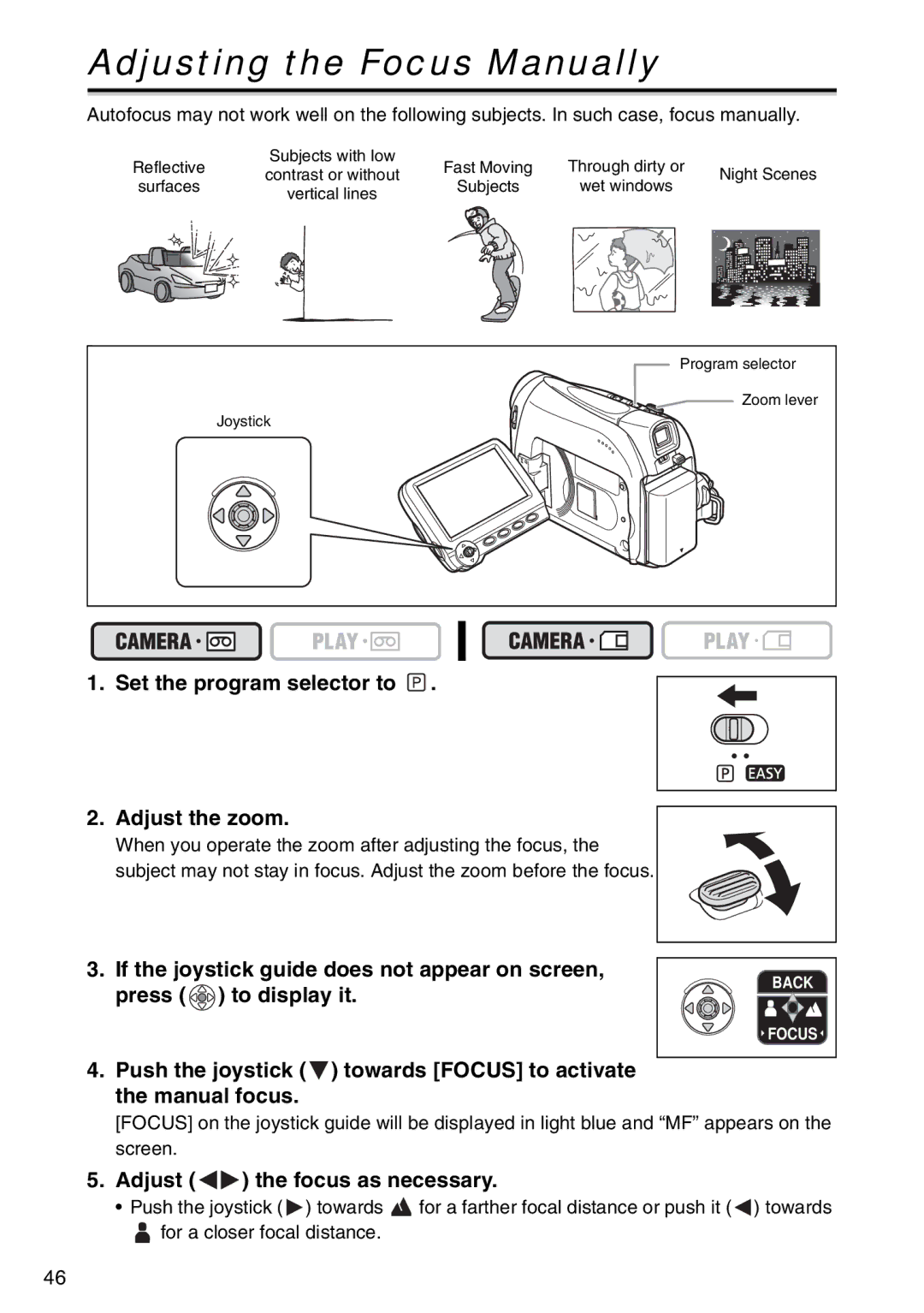 Canon MV960 Adjusting the Focus Manually, Set the program selector to Adjust the zoom, Adjust the focus as necessary 