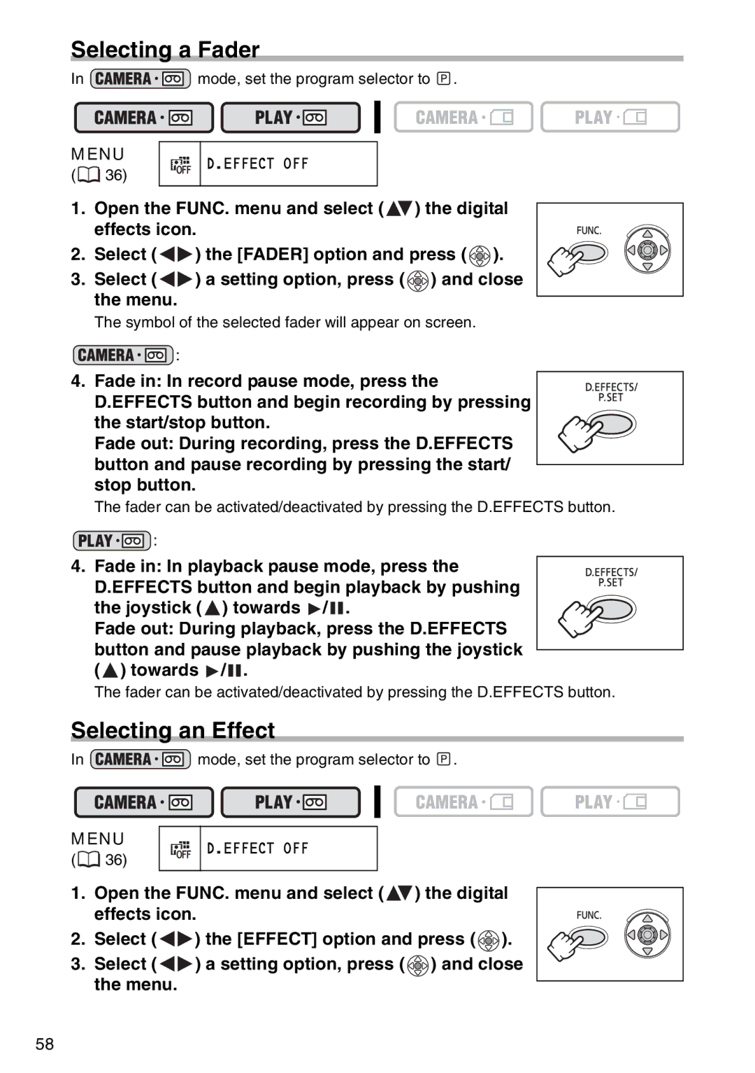 Canon MV960, MV940, MV 950 instruction manual Selecting a Fader, Selecting an Effect 