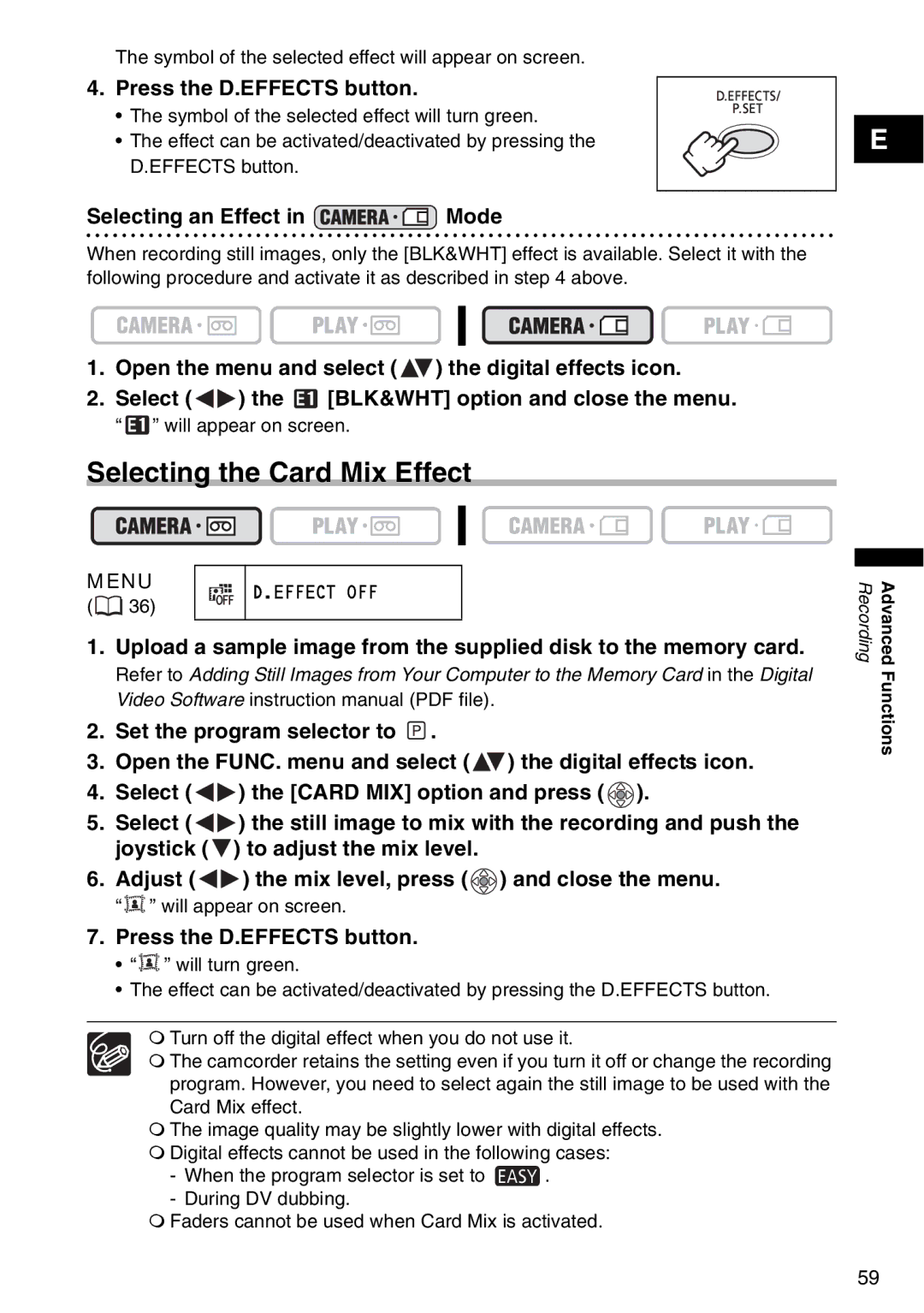 Canon MV 950, MV940, MV960 Selecting the Card Mix Effect, Press the D.EFFECTS button, Selecting an Effect in Mode 