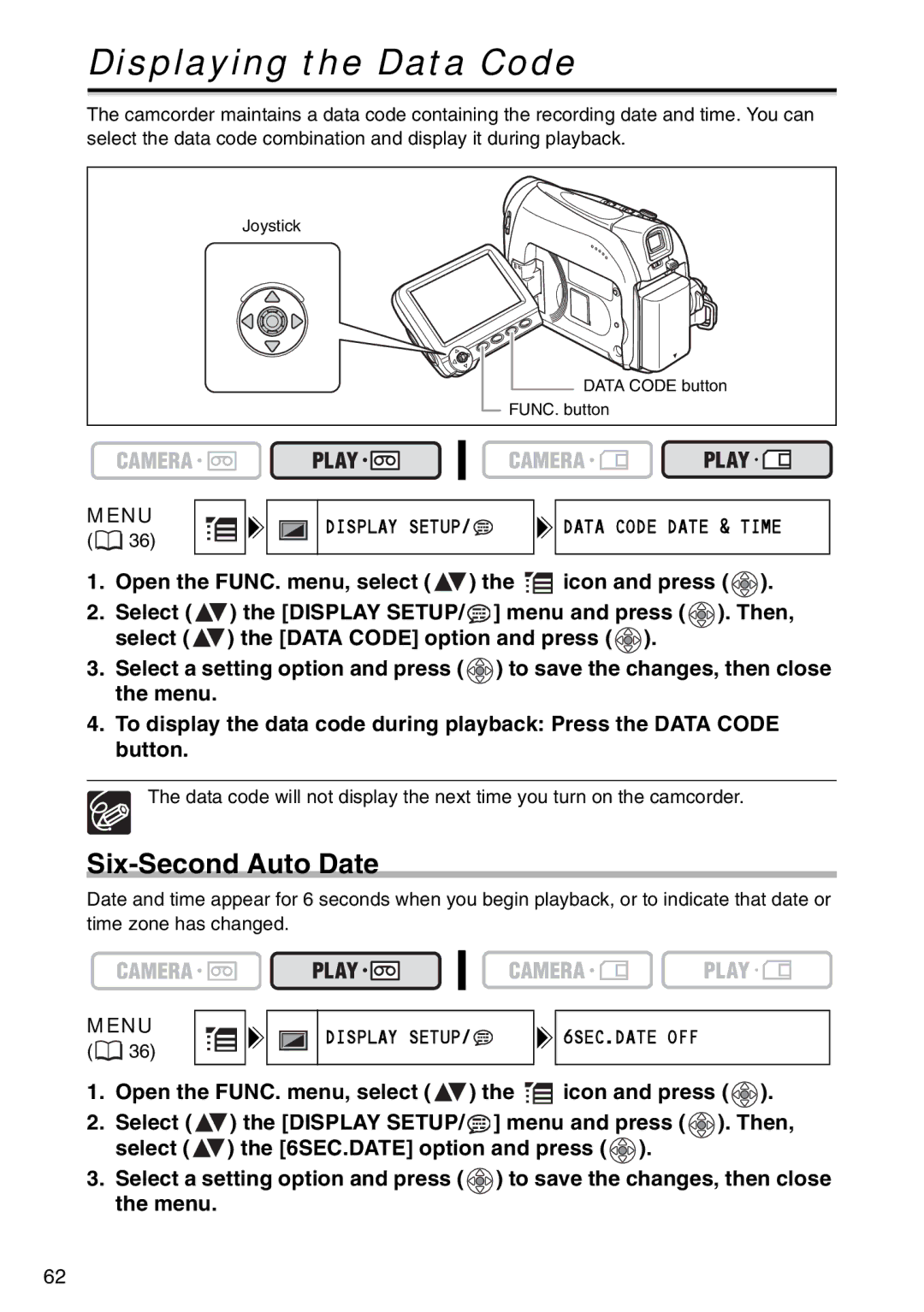 Canon MV 950, MV940, MV960 instruction manual Displaying the Data Code, Six-Second Auto Date 