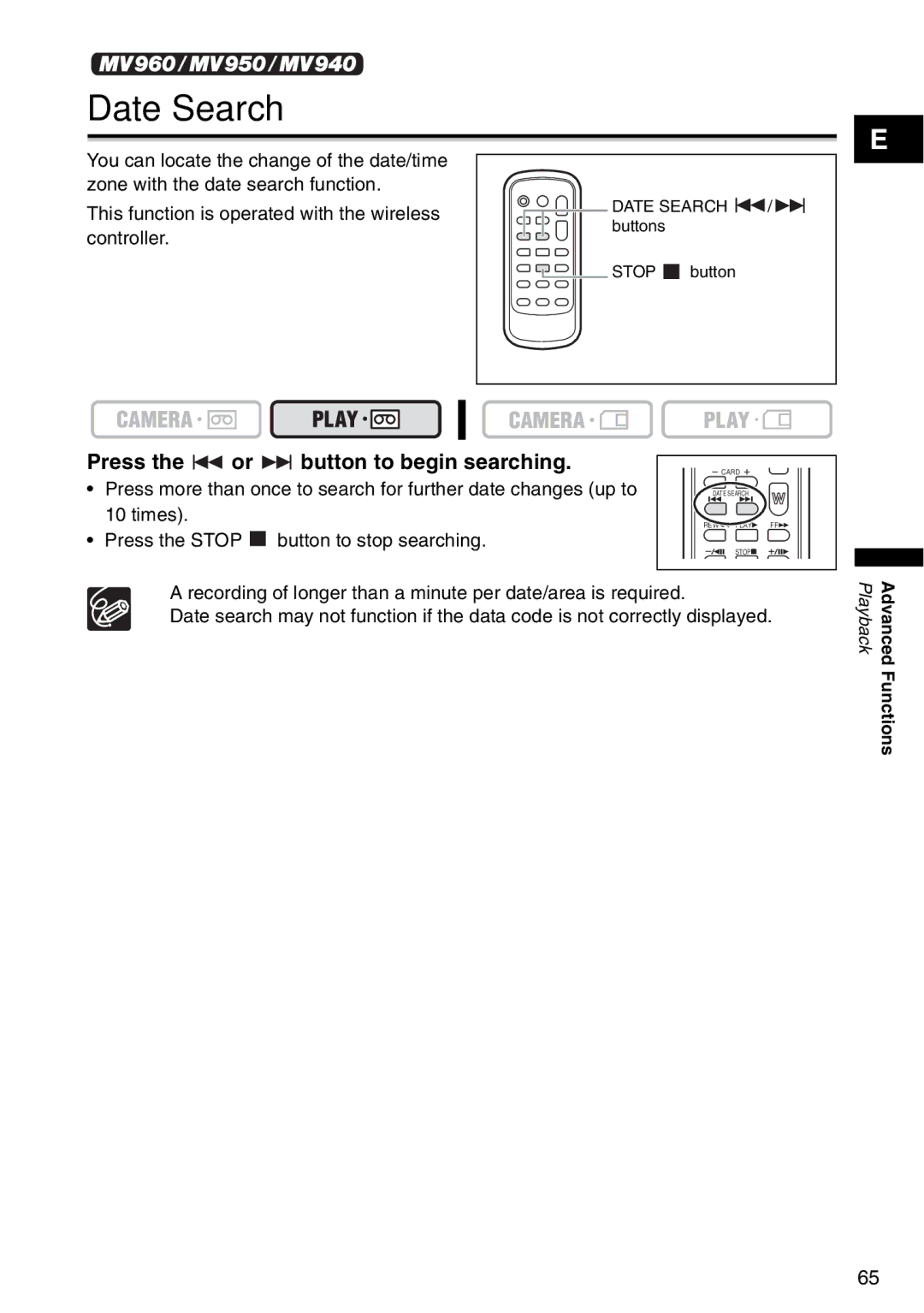 Canon MV 950, MV940, MV960 instruction manual Date Search, Press Button to begin searching 