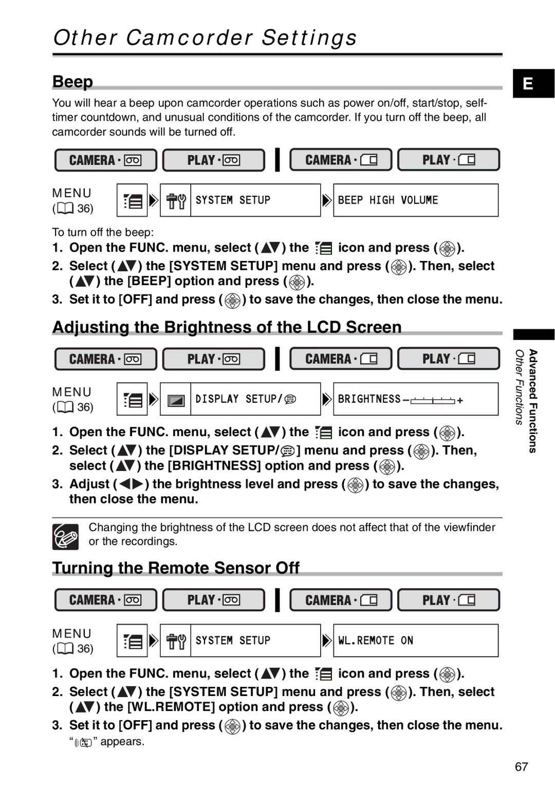 Canon MV960 Other Camcorder Settings, Beep, Adjusting the Brightness of the LCD Screen, Turning the Remote Sensor Off 