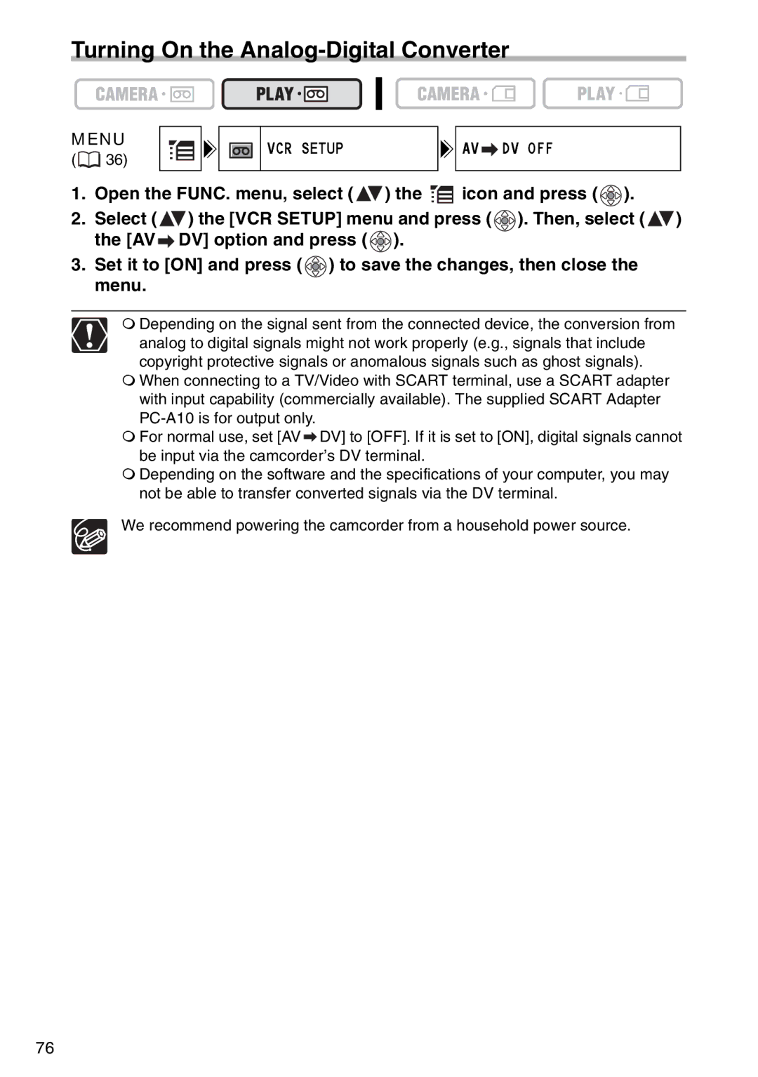 Canon MV960, MV940, MV 950 instruction manual Turning On the Analog-Digital Converter 