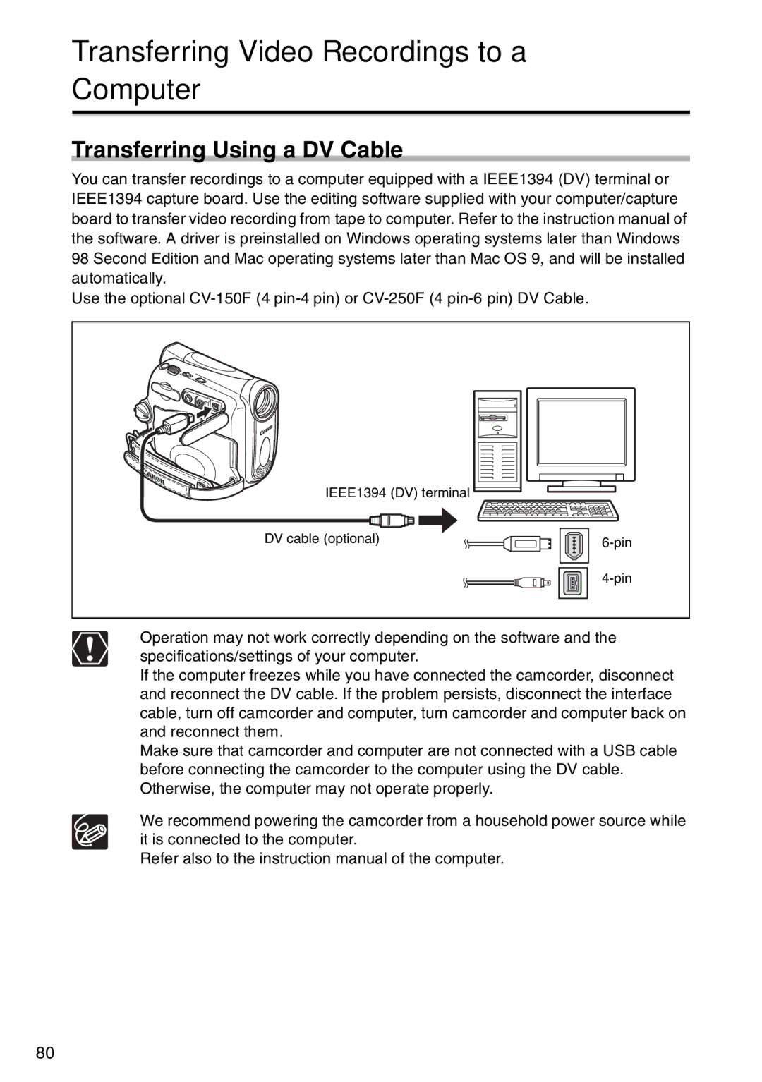 Canon MV 950, MV940, MV960 instruction manual Transferring Video Recordings to a Computer, Transferring Using a DV Cable 