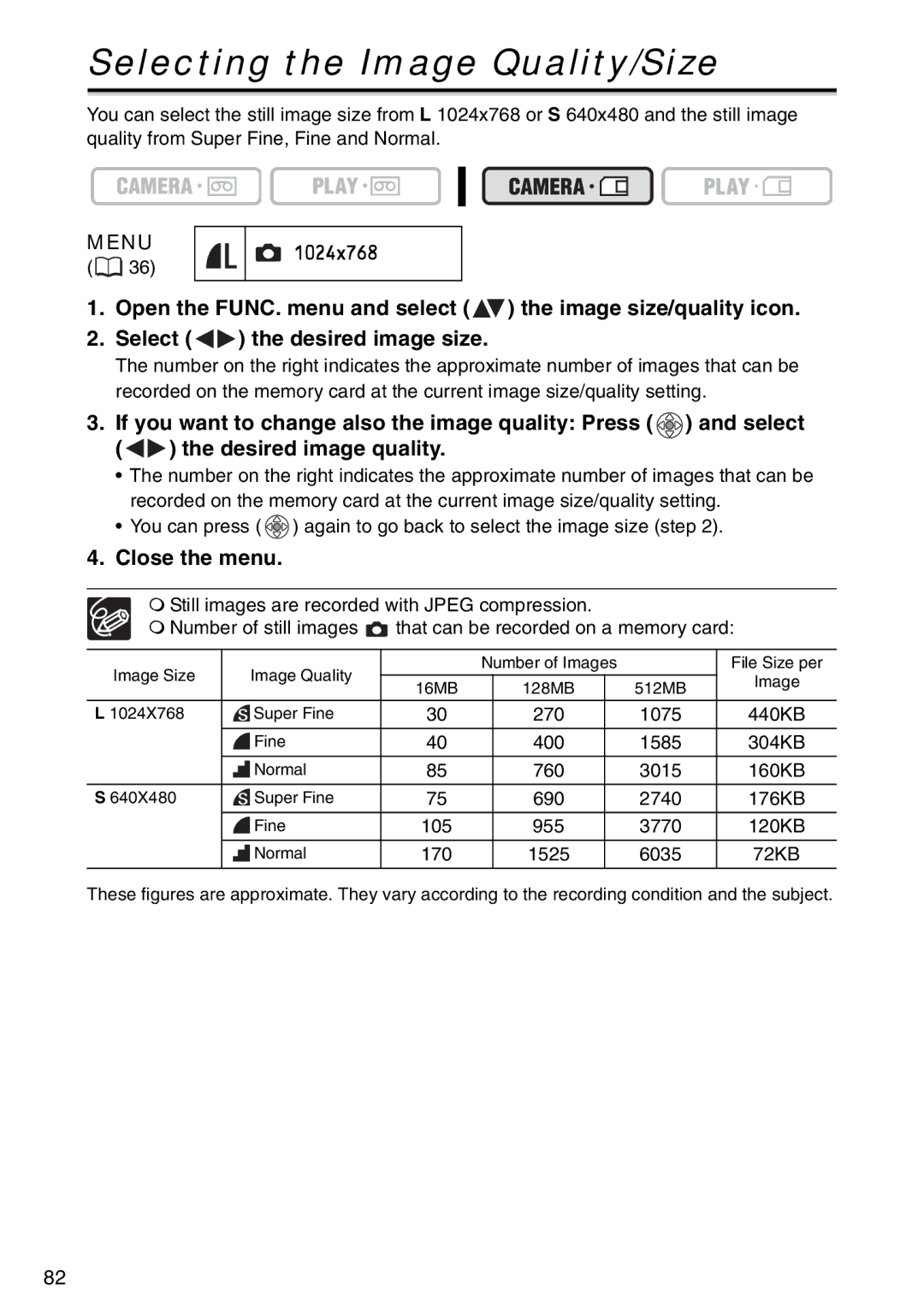 Canon MV960, MV940, MV 950 instruction manual Selecting the Image Quality/Size, Close the menu 