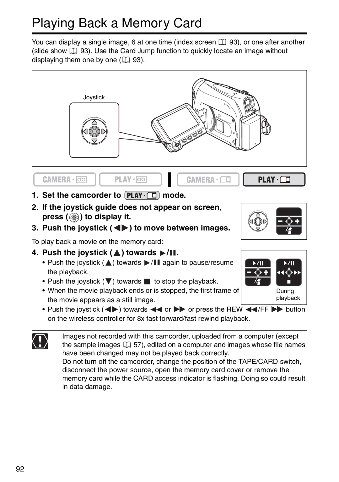 Canon MV 950, MV940, MV960 instruction manual Playing Back a Memory Card, Push the joystick towards 