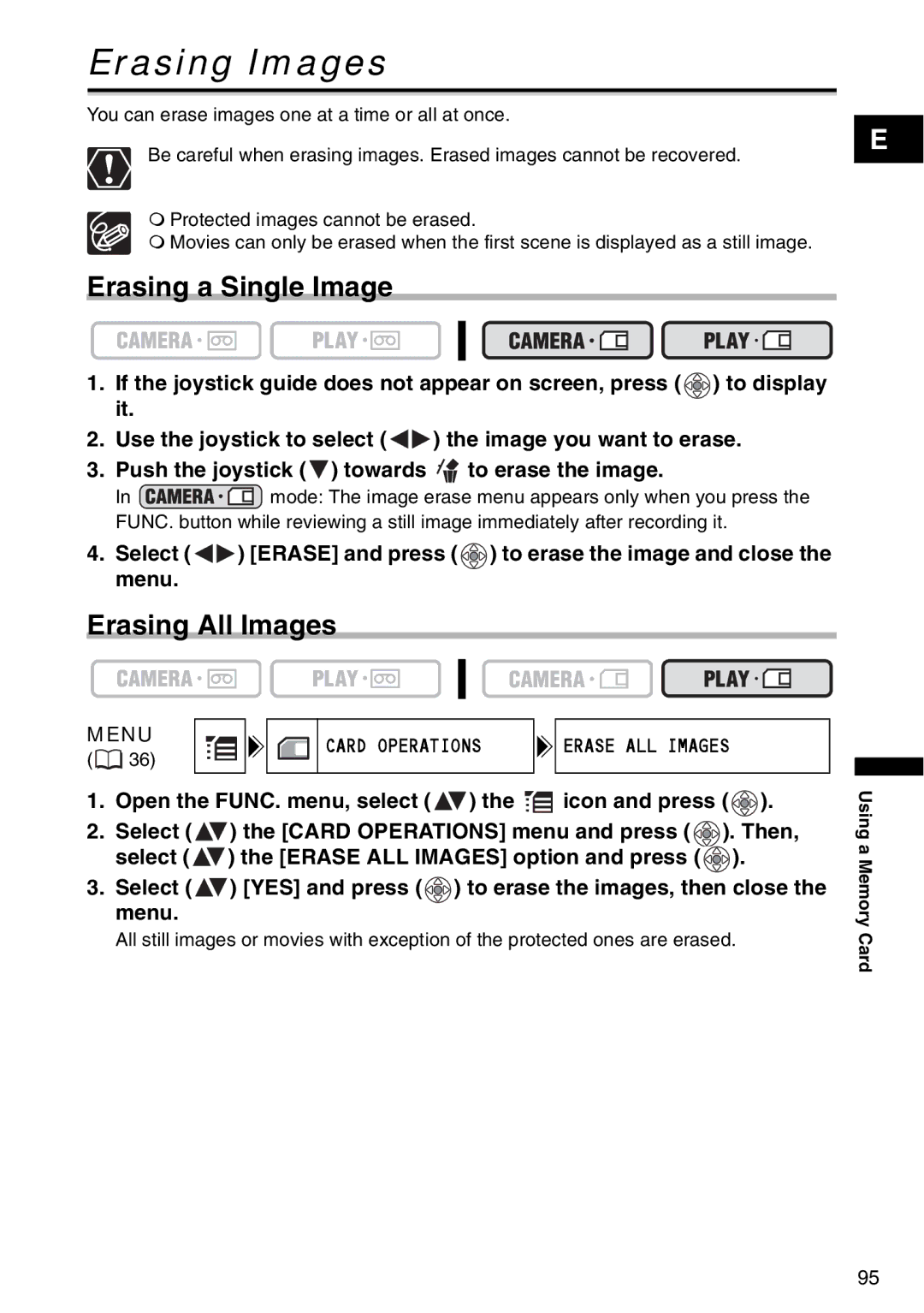 Canon MV 950, MV940, MV960 instruction manual Erasing Images, Erasing a Single Image, Erasing All Images 