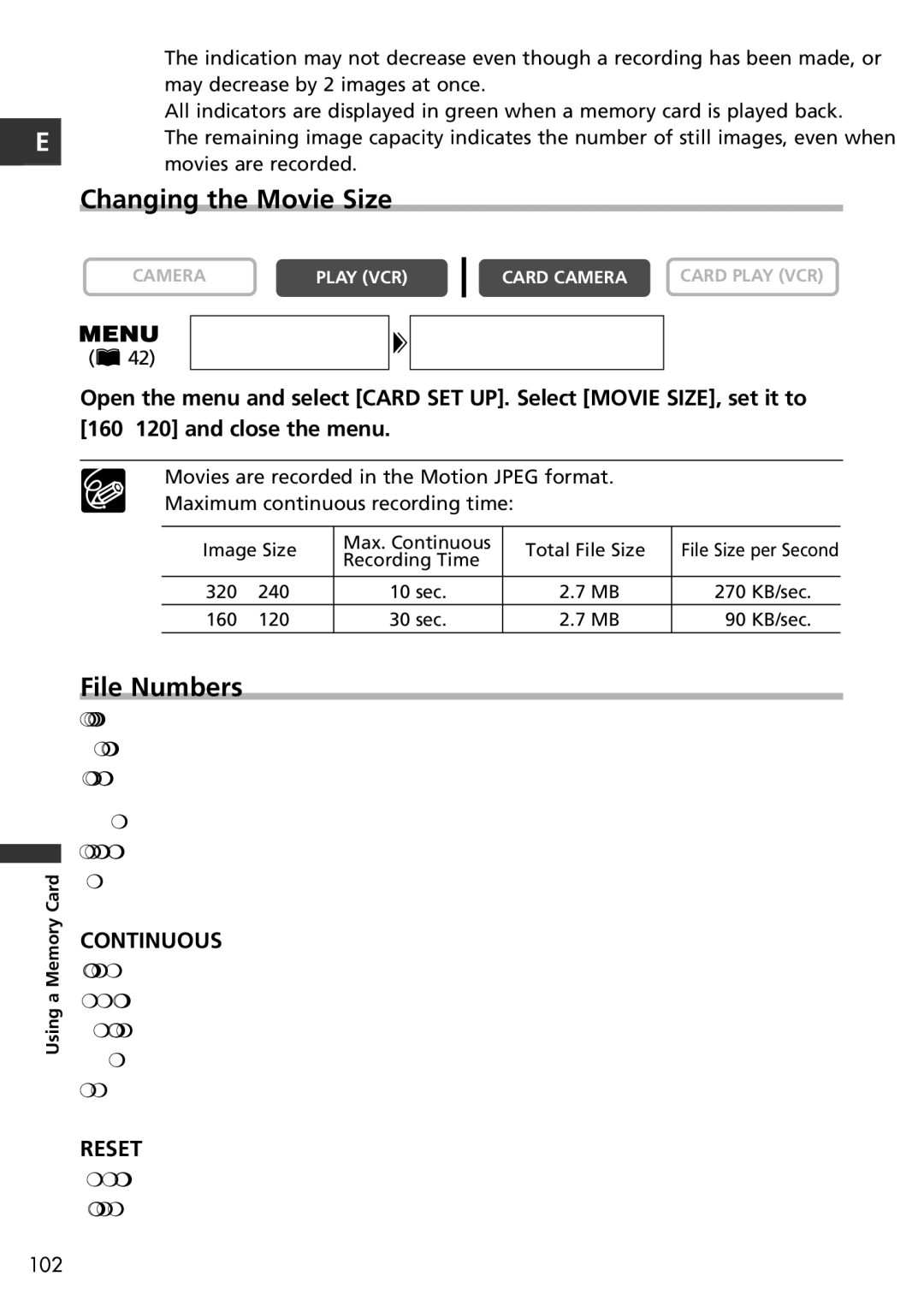 Canon MVX100i, MVX150i instruction manual Changing the Movie Size, File Numbers 