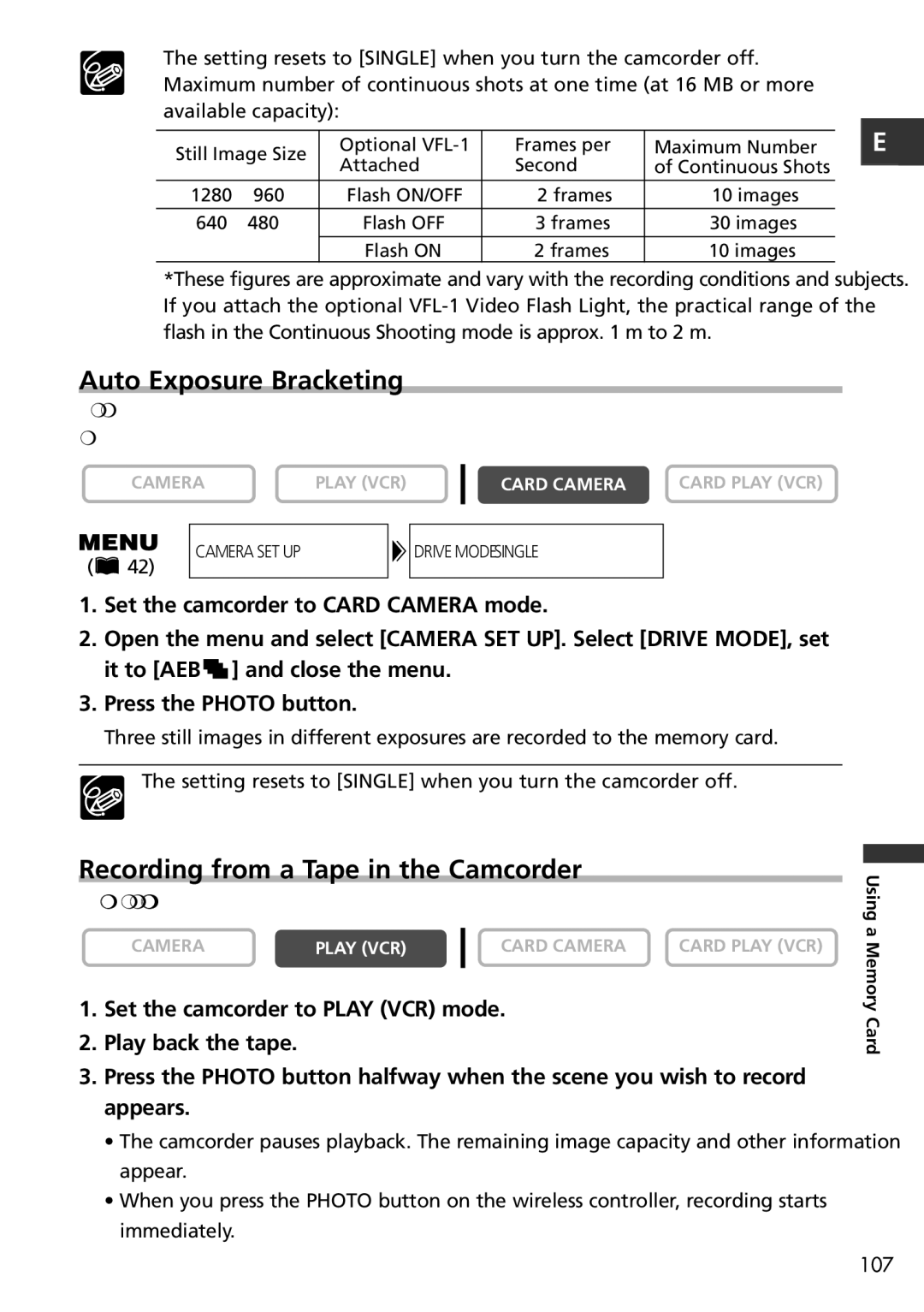 Canon MVX150i, MVX100i instruction manual Auto Exposure Bracketing, Recording from a Tape in the Camcorder 