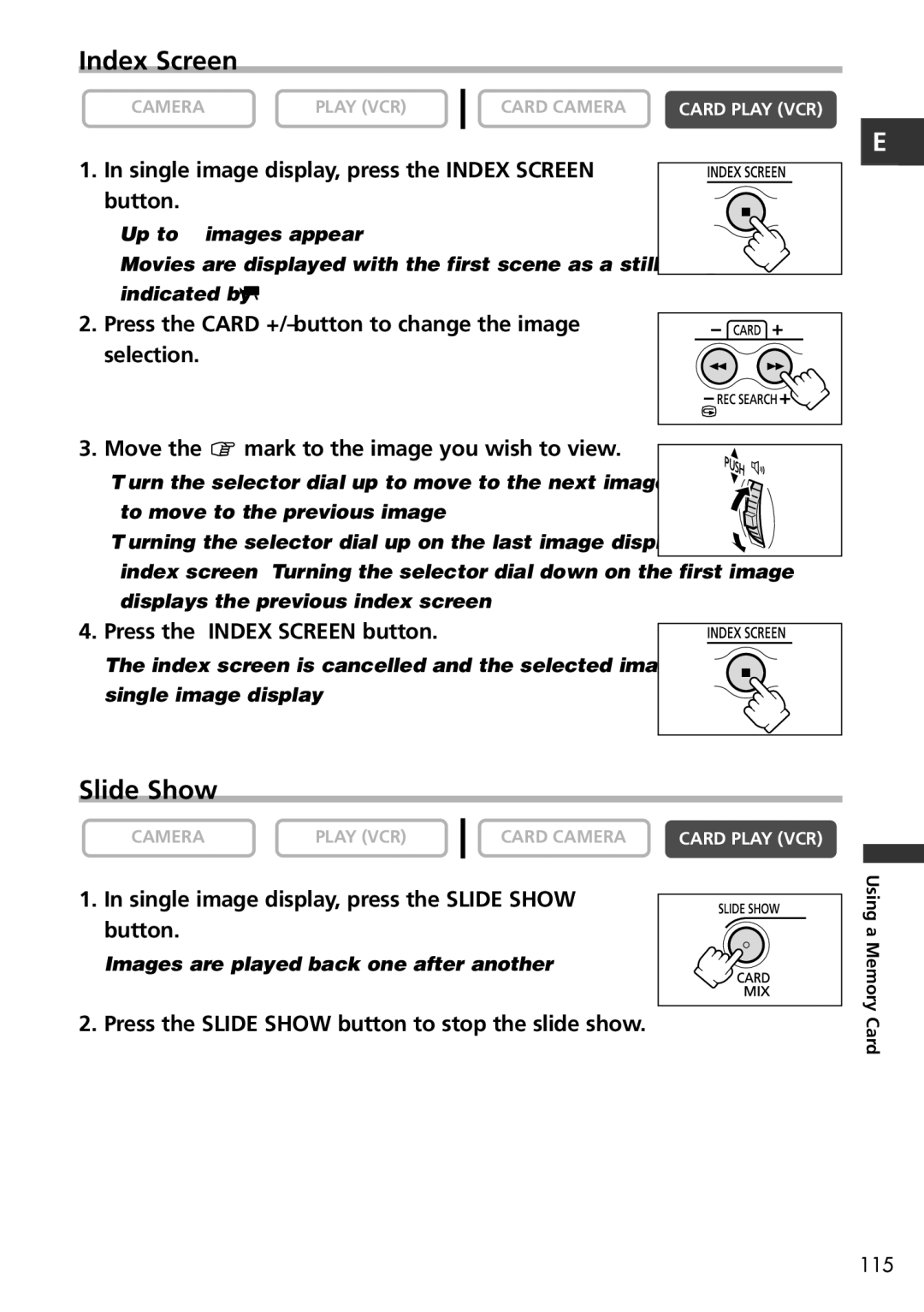 Canon MVX150i, MVX100i instruction manual Index Screen, Slide Show 