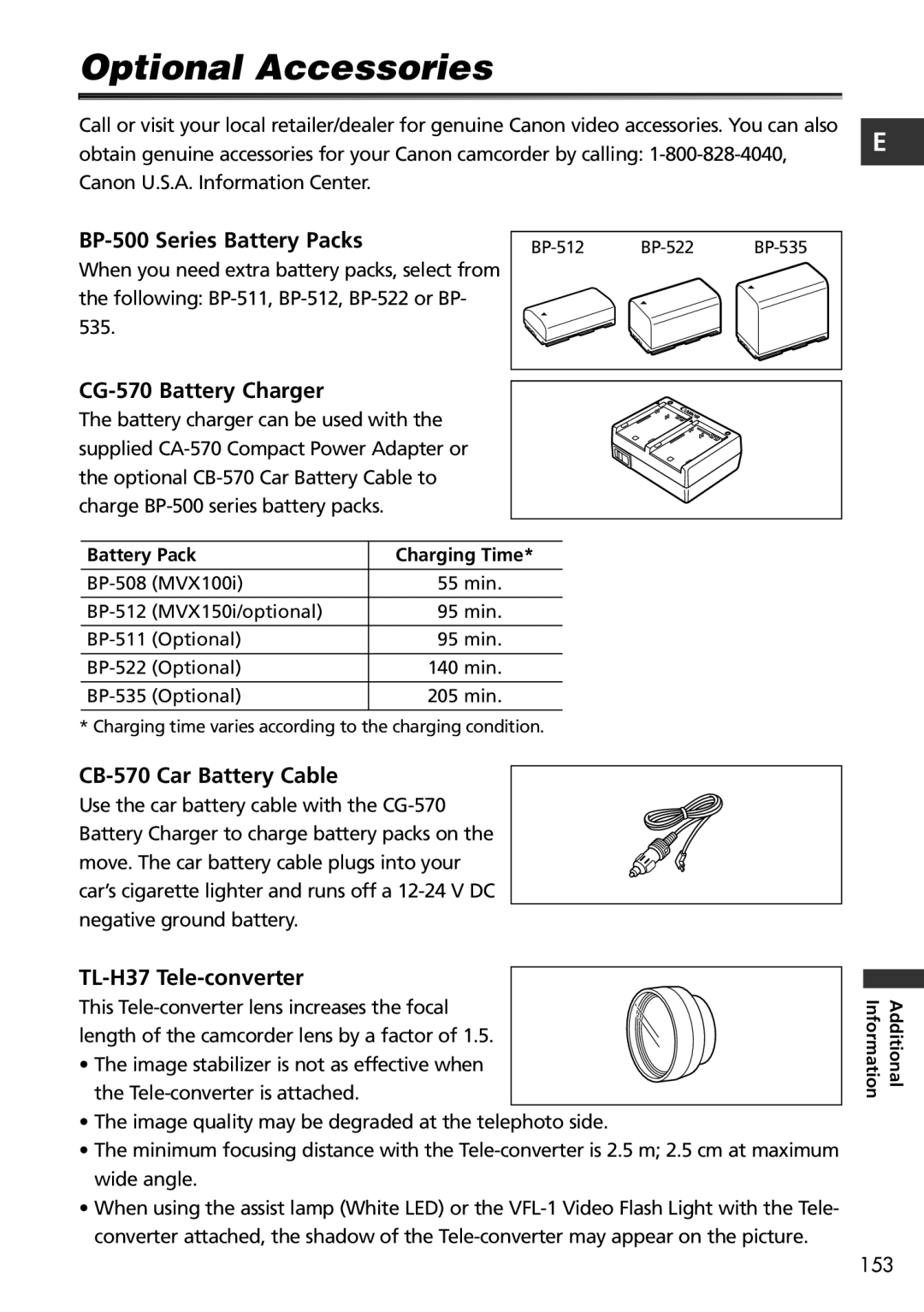 Canon MVX150i, MVX100i Optional Accessories, BP-500 Series Battery Packs, CG-570 Battery Charger, CB-570 Car Battery Cable 