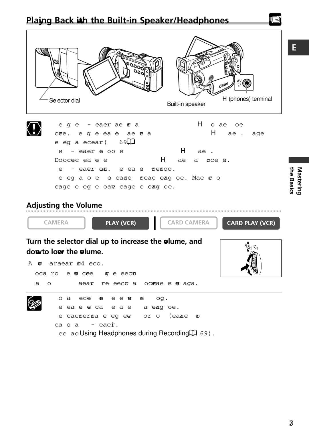 Canon MVX150i, MVX100i instruction manual Playing Back with the Built-in Speaker/Headphones, Adjusting the Volume 