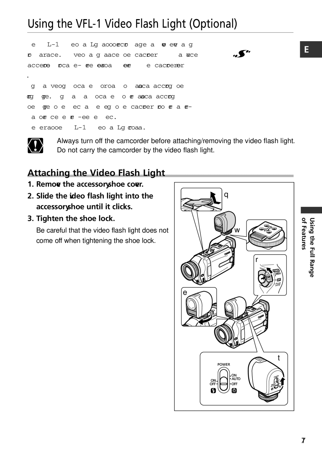 Canon MVX150i, MVX100i instruction manual Using the VFL-1 Video Flash Light Optional, Attaching the Video Flash Light 