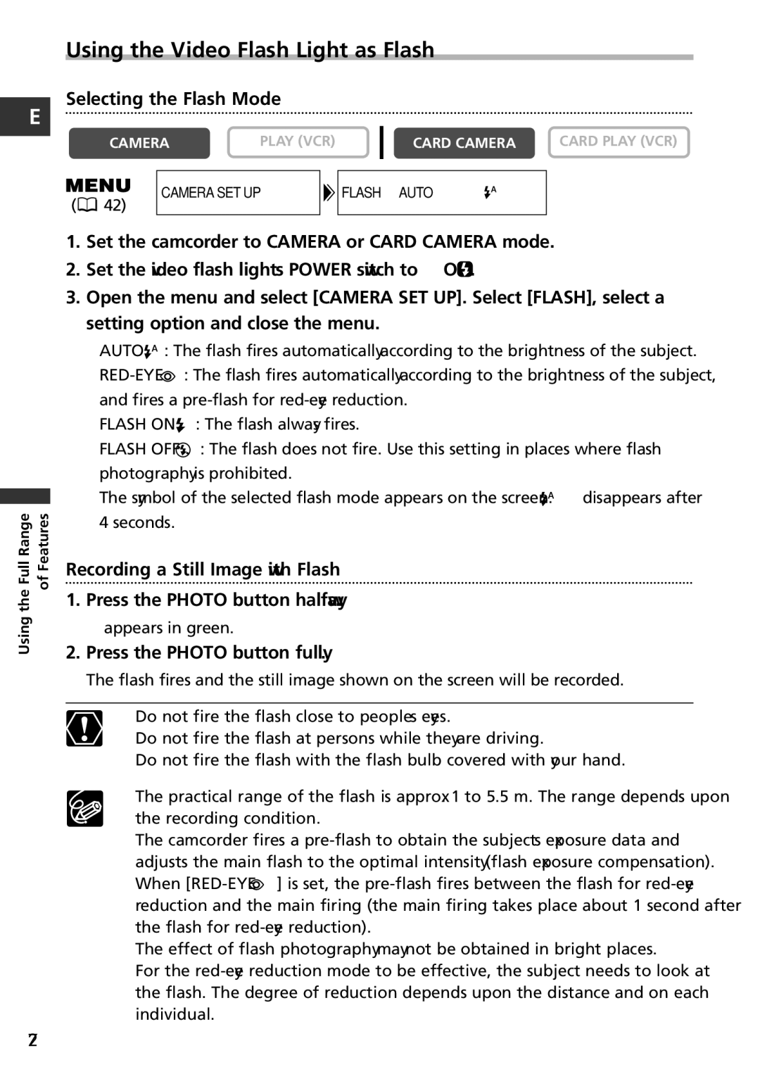 Canon MVX100i, MVX150i instruction manual Using the Video Flash Light as Flash, Selecting the Flash Mode 