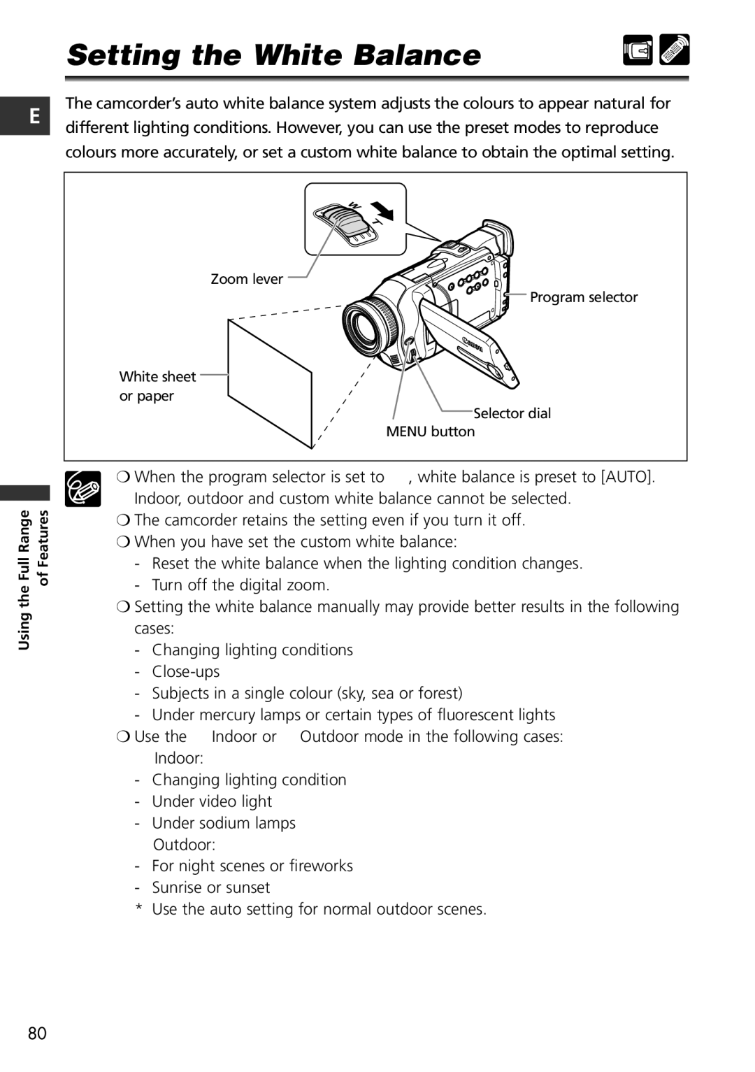 Canon MVX100i, MVX150i instruction manual Setting the White Balance 