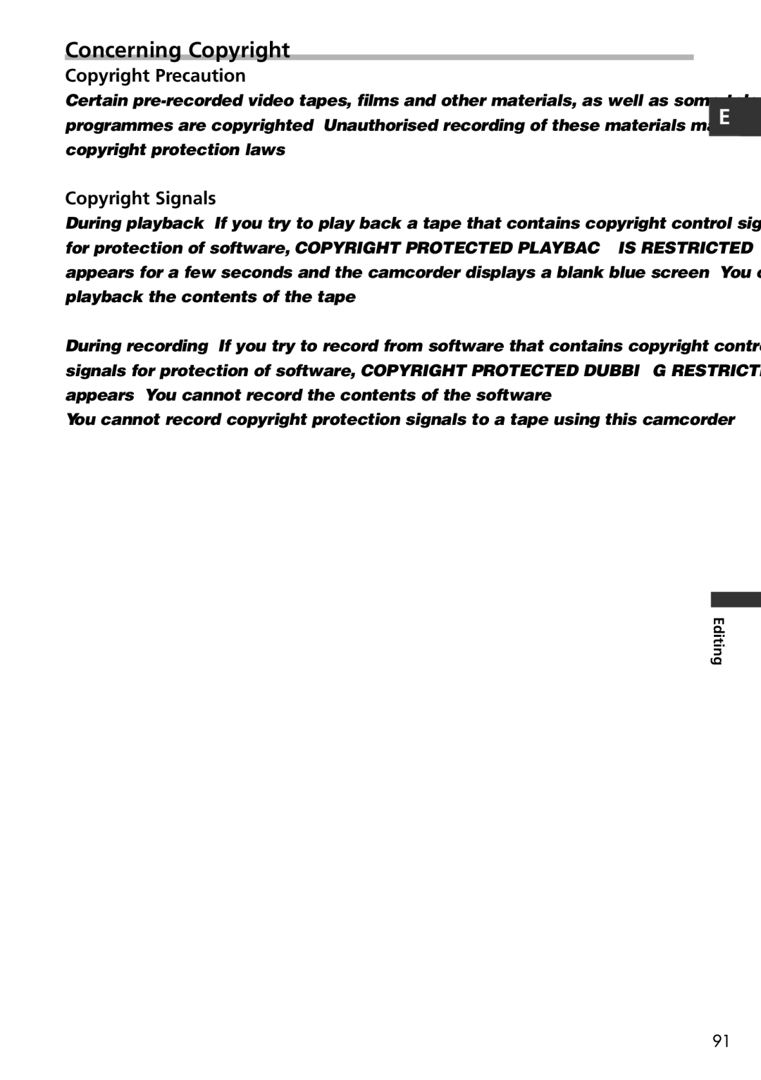 Canon MVX150i, MVX100i instruction manual Concerning Copyright, Copyright Precaution, Copyright Signals 