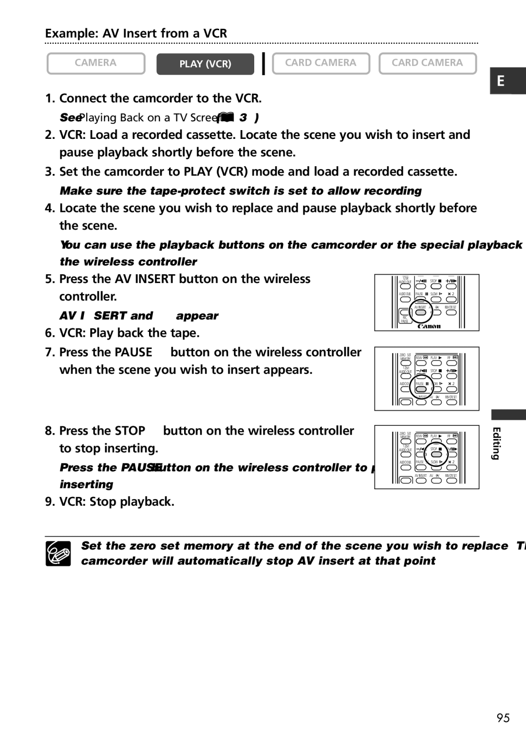 Canon MVX150i Example AV Insert from a VCR, Press the AV Insert button on the wireless controller, VCR Play back the tape 