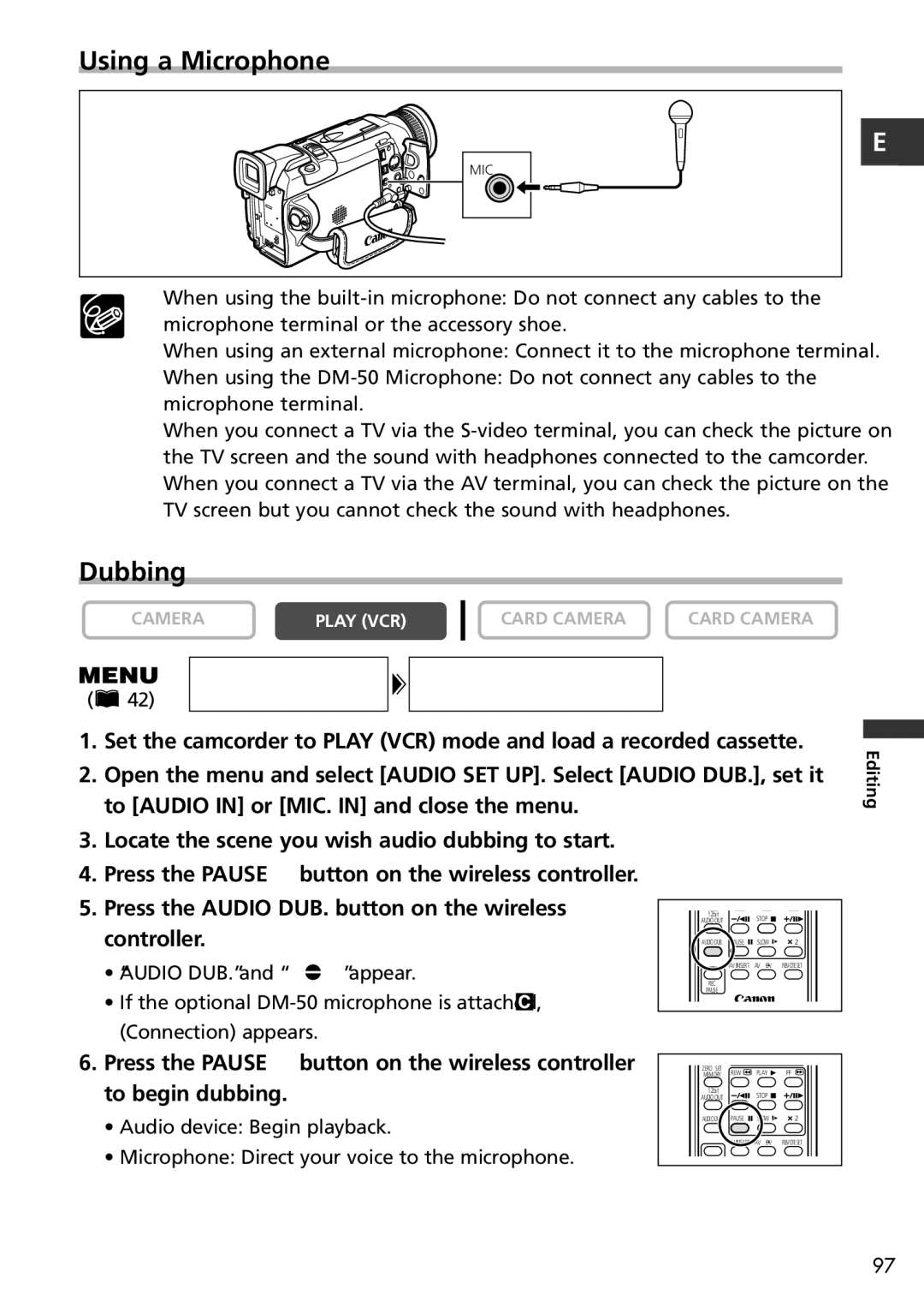 Canon MVX150i, MVX100i instruction manual Using a Microphone, Dubbing, Controller 