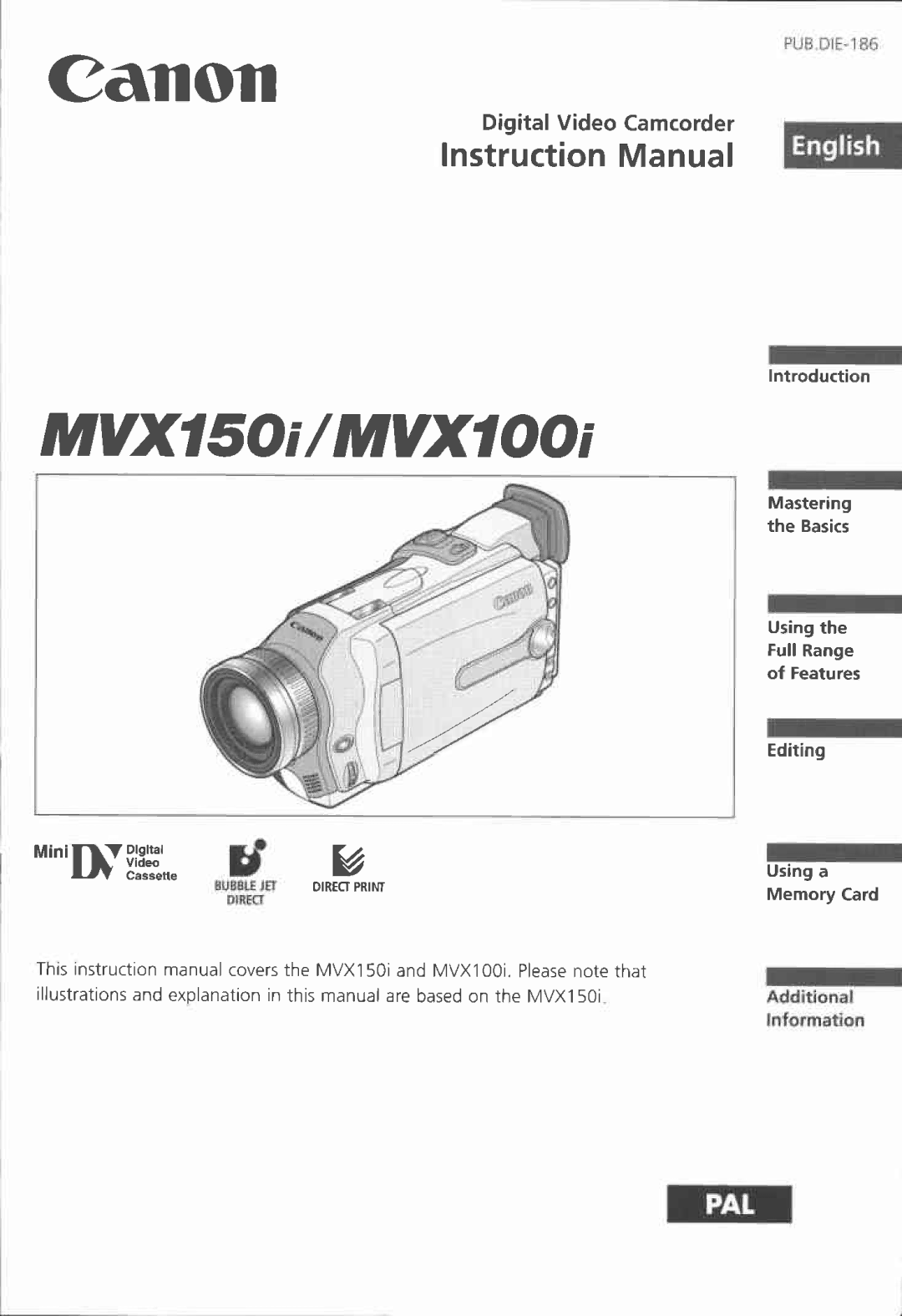 Canon MVX150i, MVX100i instruction manual English, Digital Video Camcorder 