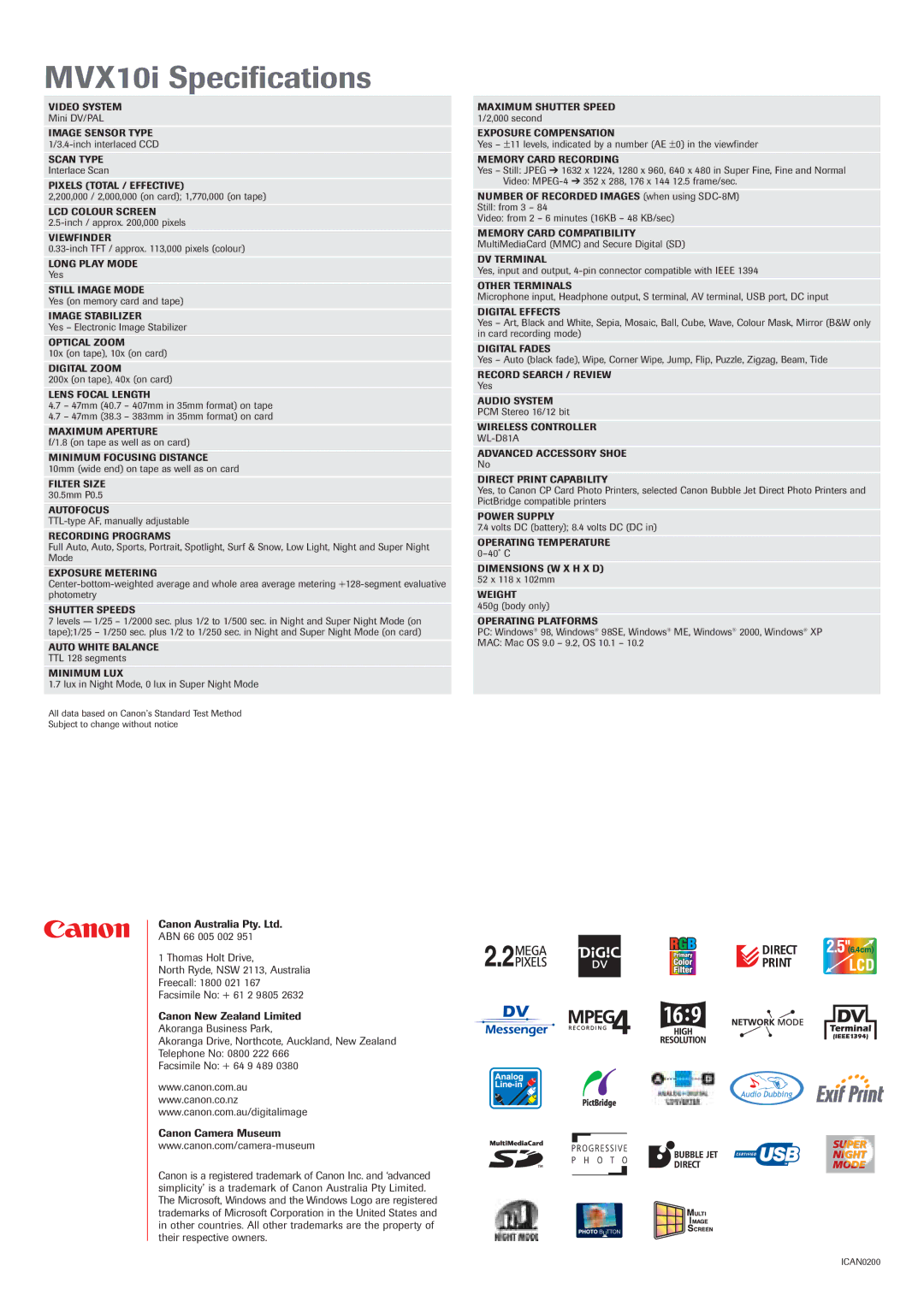 Canon manual MVX10i Specifications, Recording Programs 