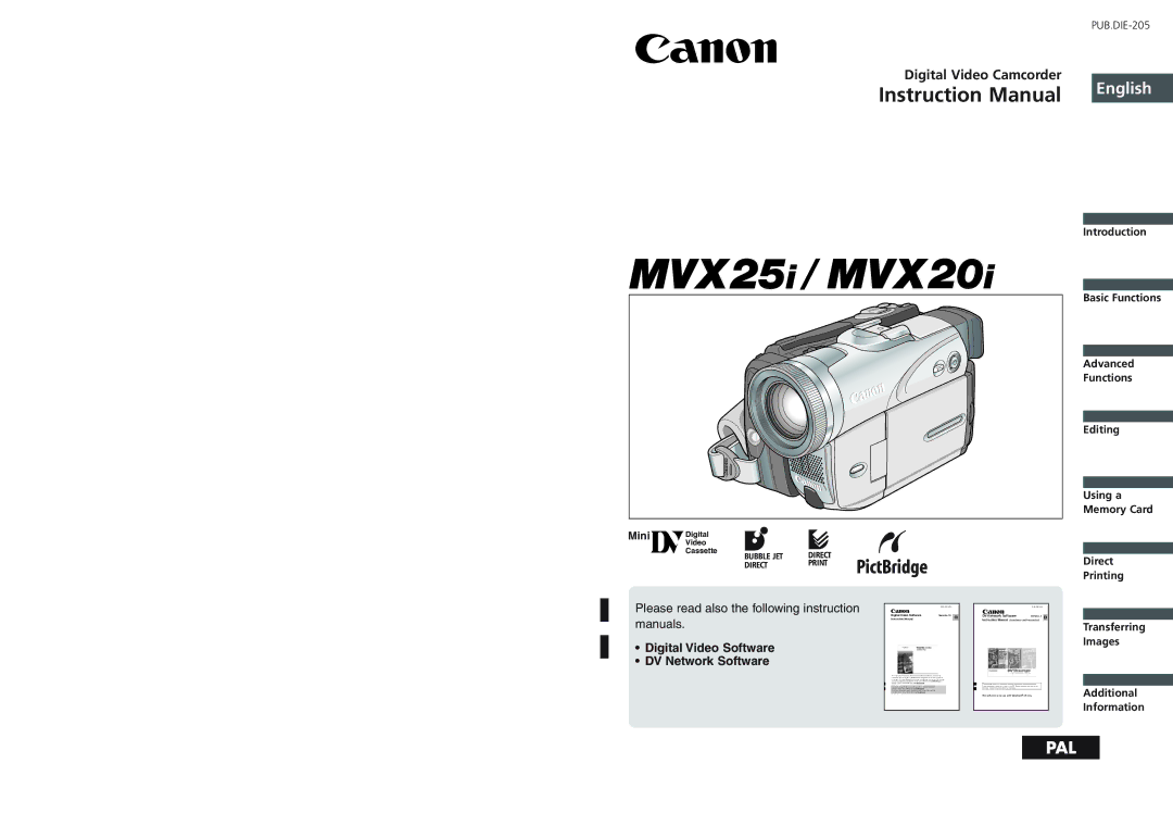 Canon MVX20i, MVX25i instruction manual English, Digital Video Camcorder 