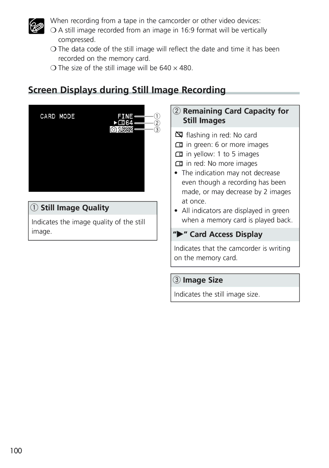 Canon MVX25i Screen Displays during Still Image Recording, Still Image Quality, Remaining Card Capacity for Still Images 