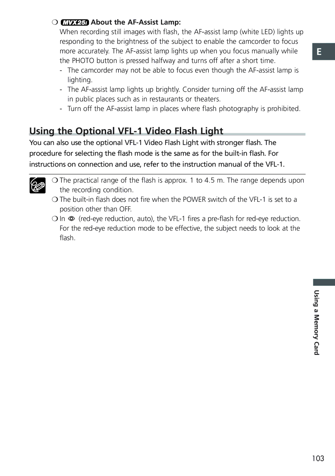 Canon MVX20i, MVX25i instruction manual Using the Optional VFL-1 Video Flash Light, 103 