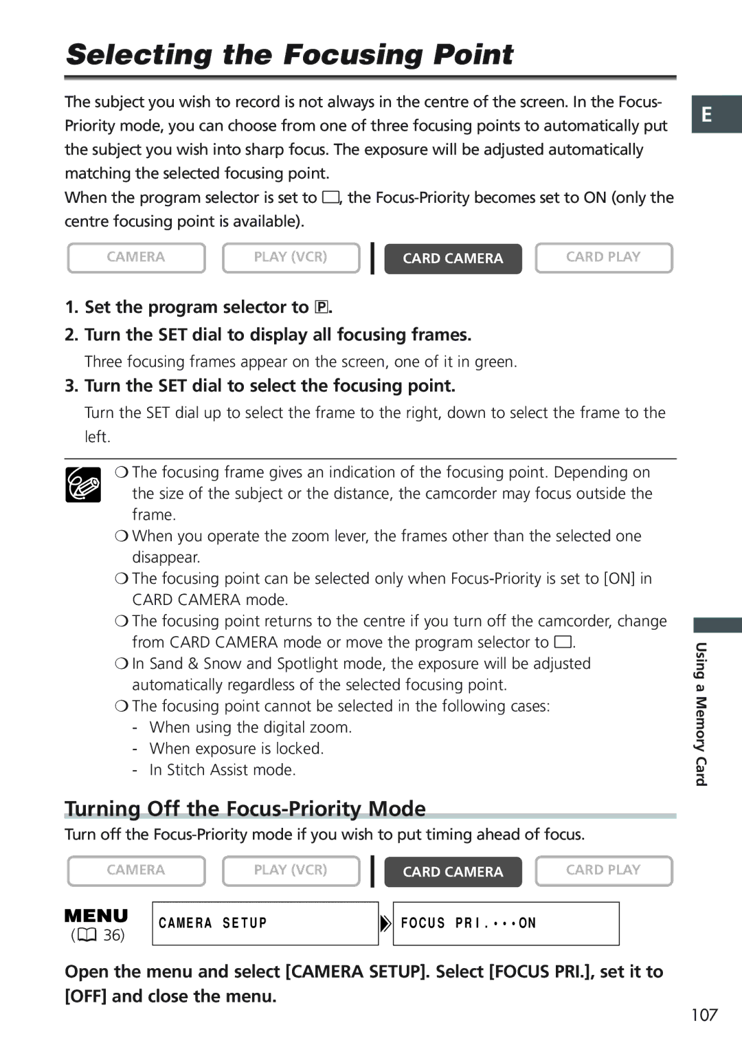 Canon MVX20i, MVX25i instruction manual Selecting the Focusing Point, Turning Off the Focus-Priority Mode, 107 