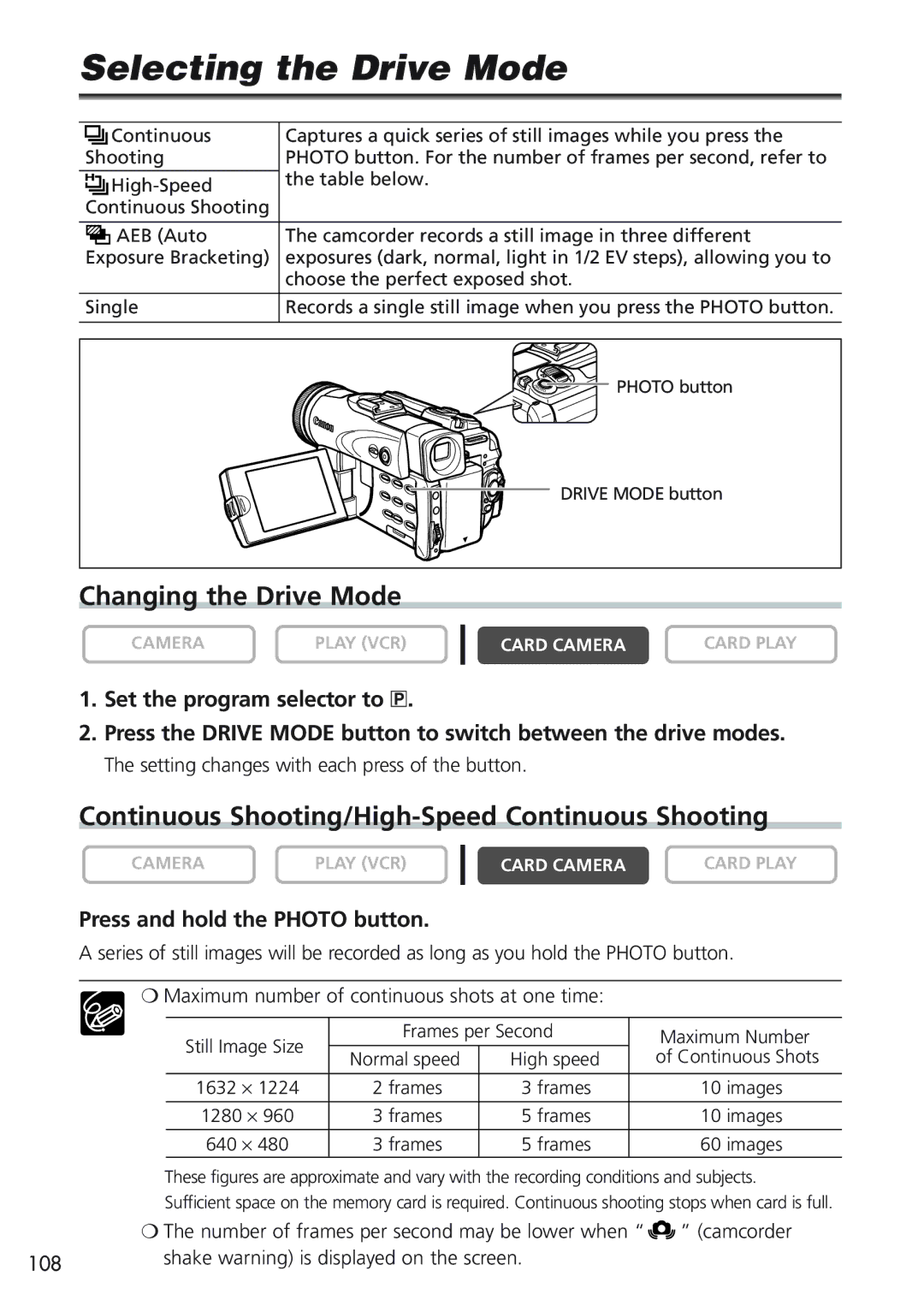 Canon MVX25i, MVX20i Selecting the Drive Mode, Changing the Drive Mode, Continuous Shooting/High-Speed Continuous Shooting 