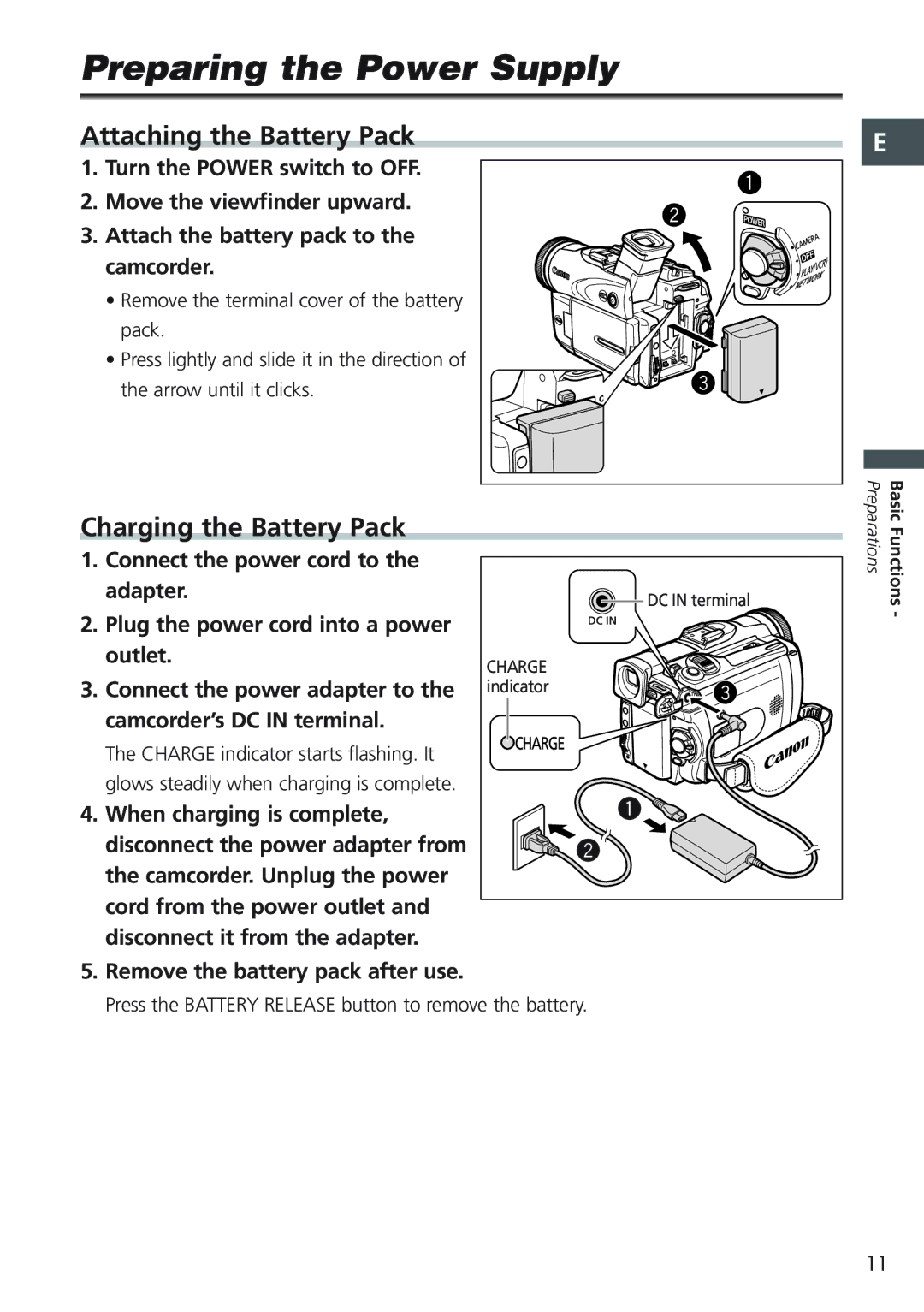 Canon MVX20i, MVX25i instruction manual Preparing the Power Supply, Attaching the Battery Pack, Charging the Battery Pack 