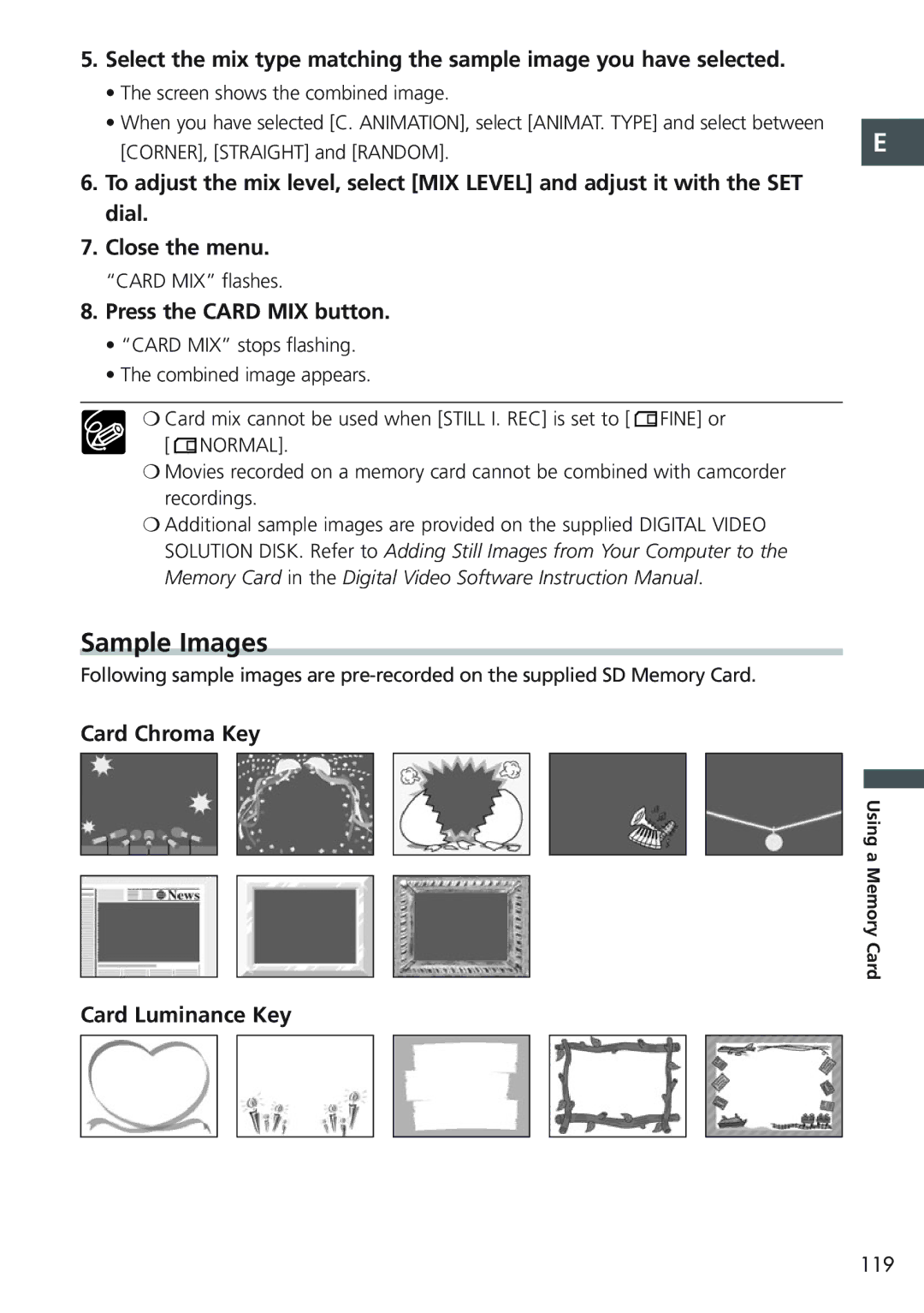 Canon MVX20i, MVX25i instruction manual Sample Images, Press the Card MIX button, Card Chroma Key, Card Luminance Key 