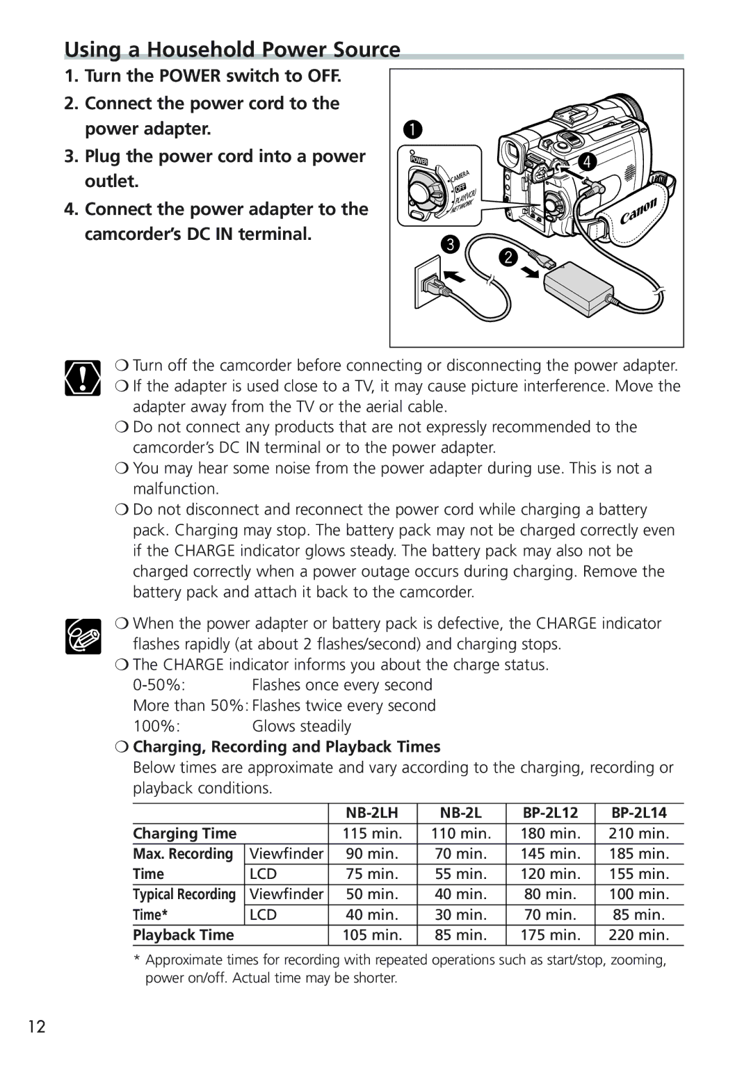 Canon MVX25i, MVX20i instruction manual Using a Household Power Source, Charging, Recording and Playback Times 