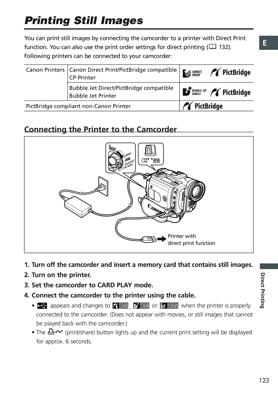 Canon MVX20i, MVX25i instruction manual Printing Still Images, Connecting the Printer to the Camcorder, 123 