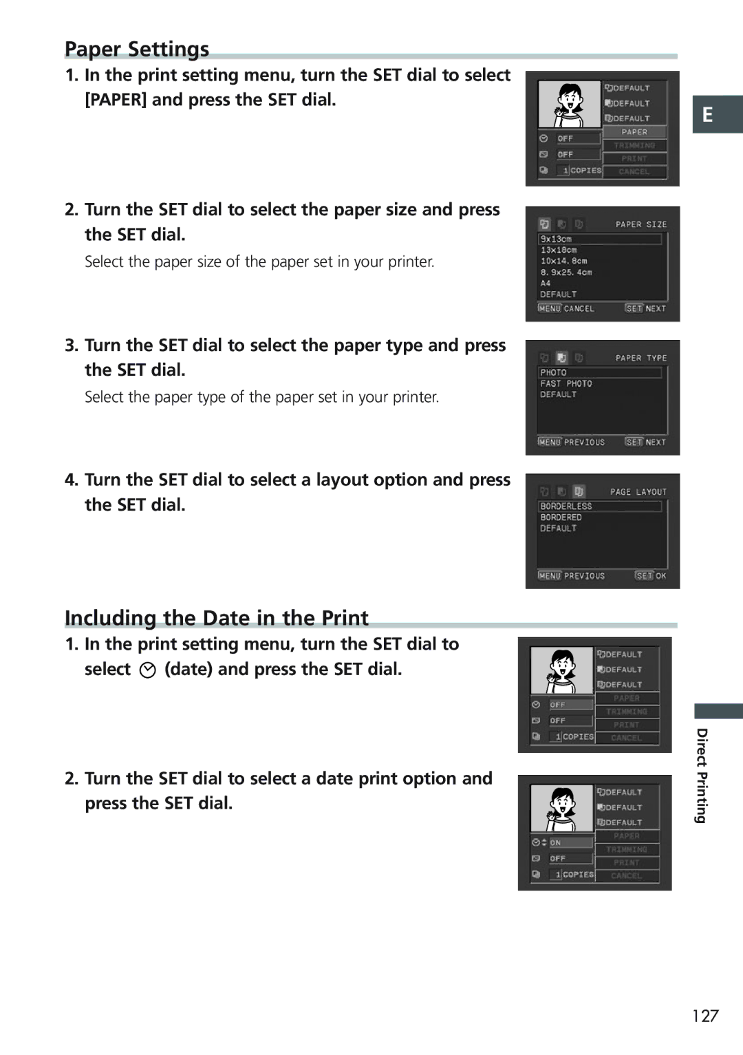 Canon MVX20i Paper Settings, Including the Date in the Print, Select the paper size of the paper set in your printer, 127 