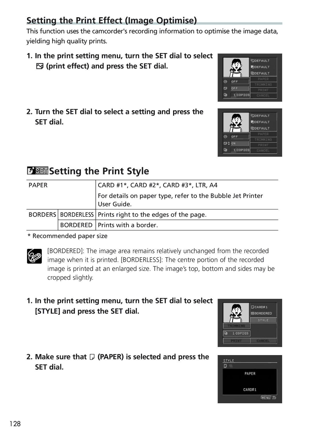 Canon MVX25i, MVX20i instruction manual Setting the Print Effect Image Optimise, 128 