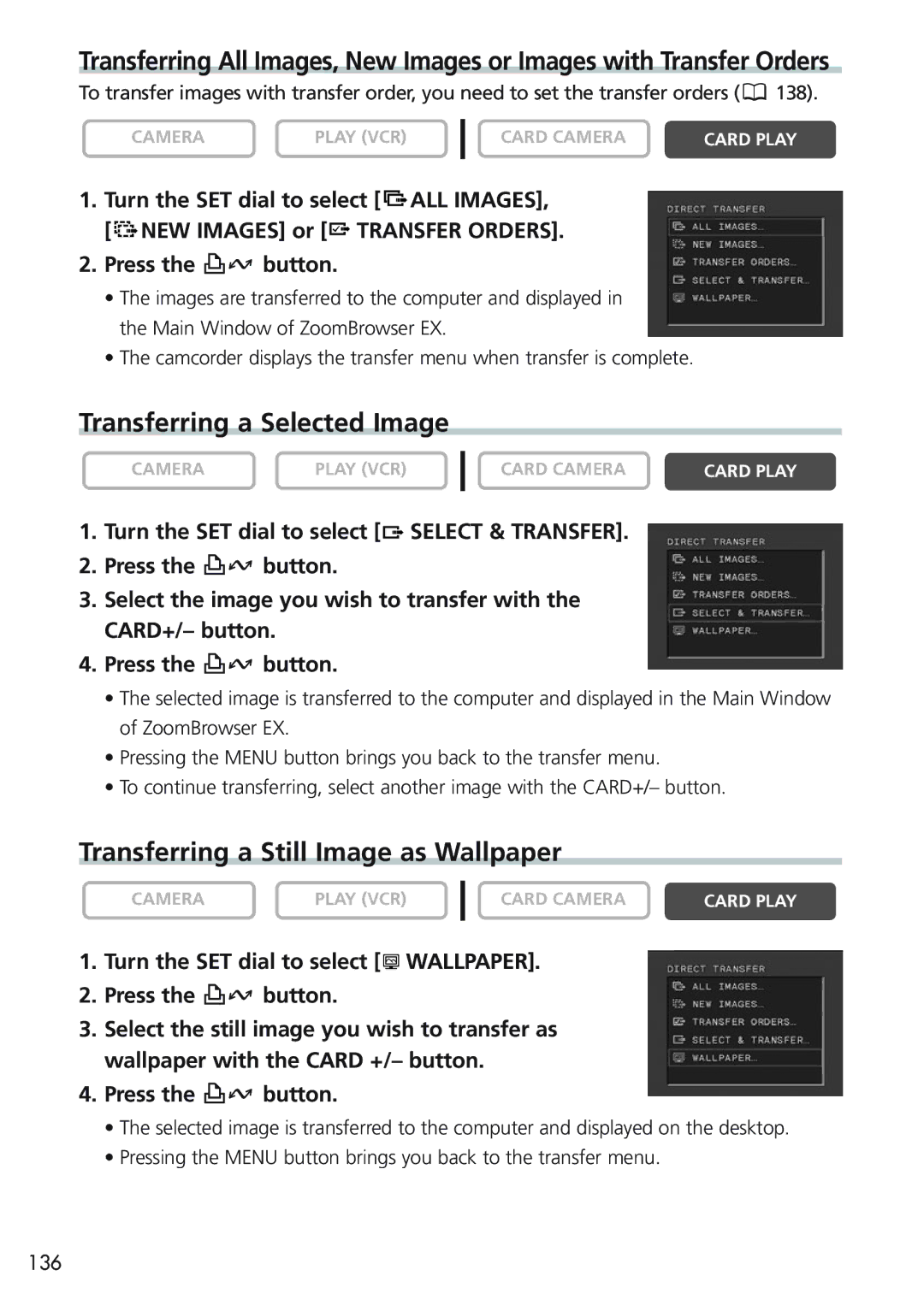 Canon MVX25i, MVX20i instruction manual Transferring a Selected Image, Transferring a Still Image as Wallpaper 