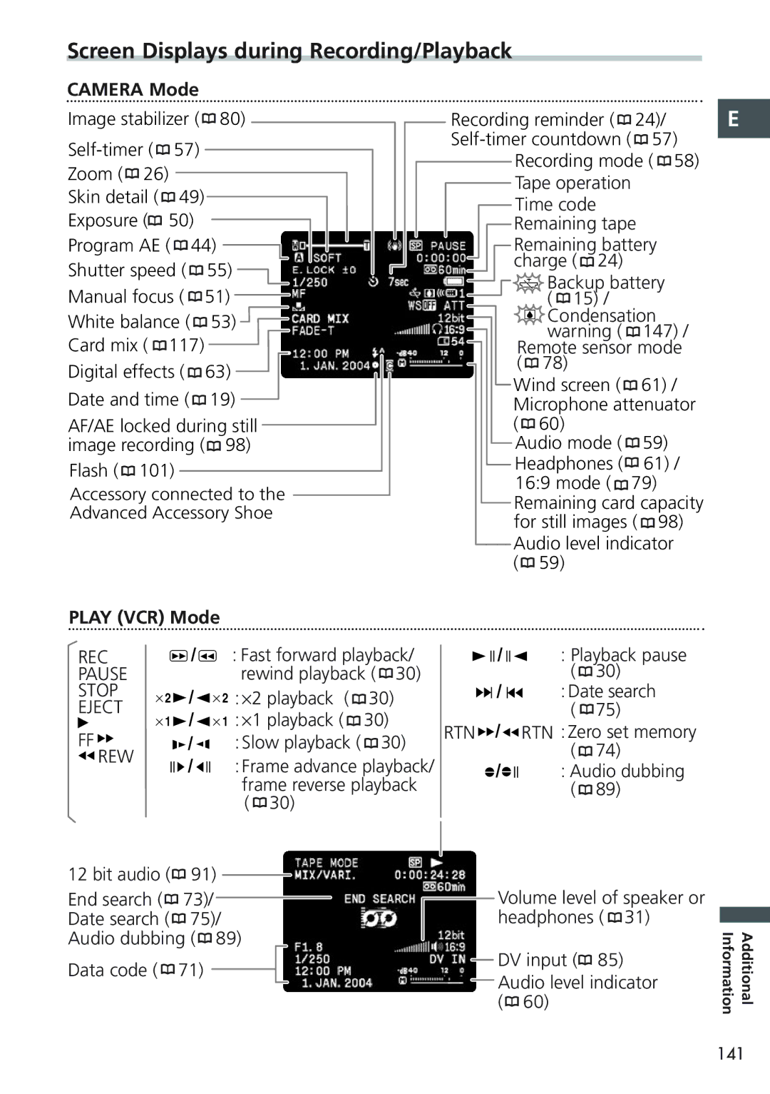 Canon MVX20i, MVX25i instruction manual Screen Displays during Recording/Playback, Camera Mode, Play VCR Mode 