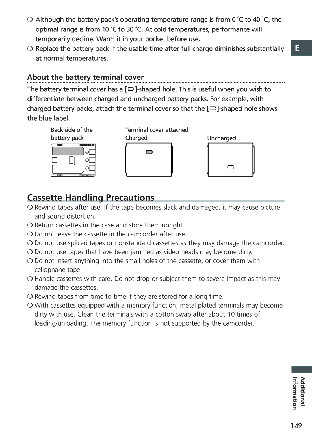 Canon MVX20i, MVX25i instruction manual Cassette Handling Precautions, About the battery terminal cover, 149 