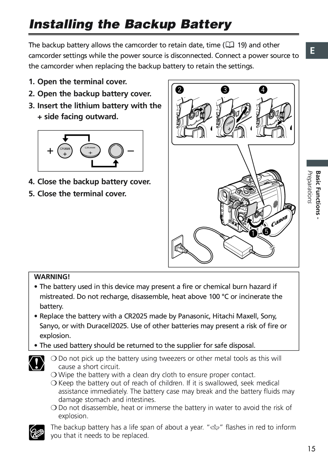 Canon MVX20i, MVX25i instruction manual Installing the Backup Battery 