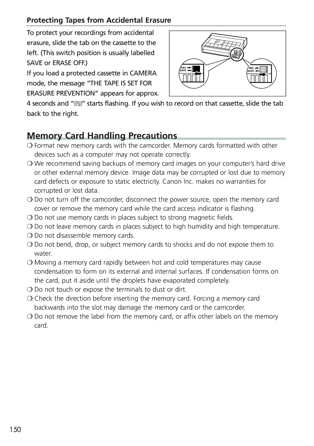 Canon MVX25i, MVX20i instruction manual Memory Card Handling Precautions 