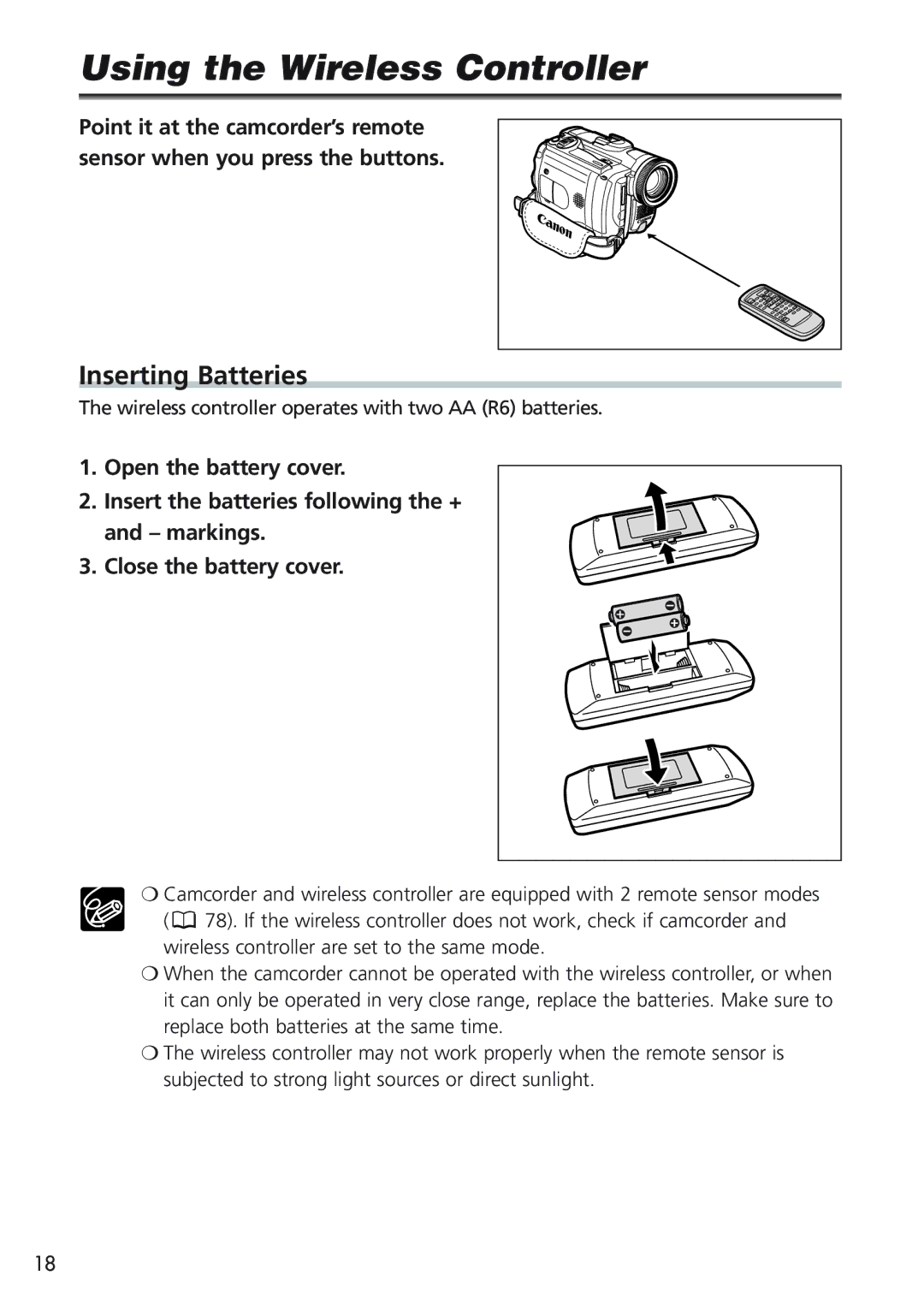 Canon MVX25i Using the Wireless Controller, Inserting Batteries, Wireless controller operates with two AA R6 batteries 