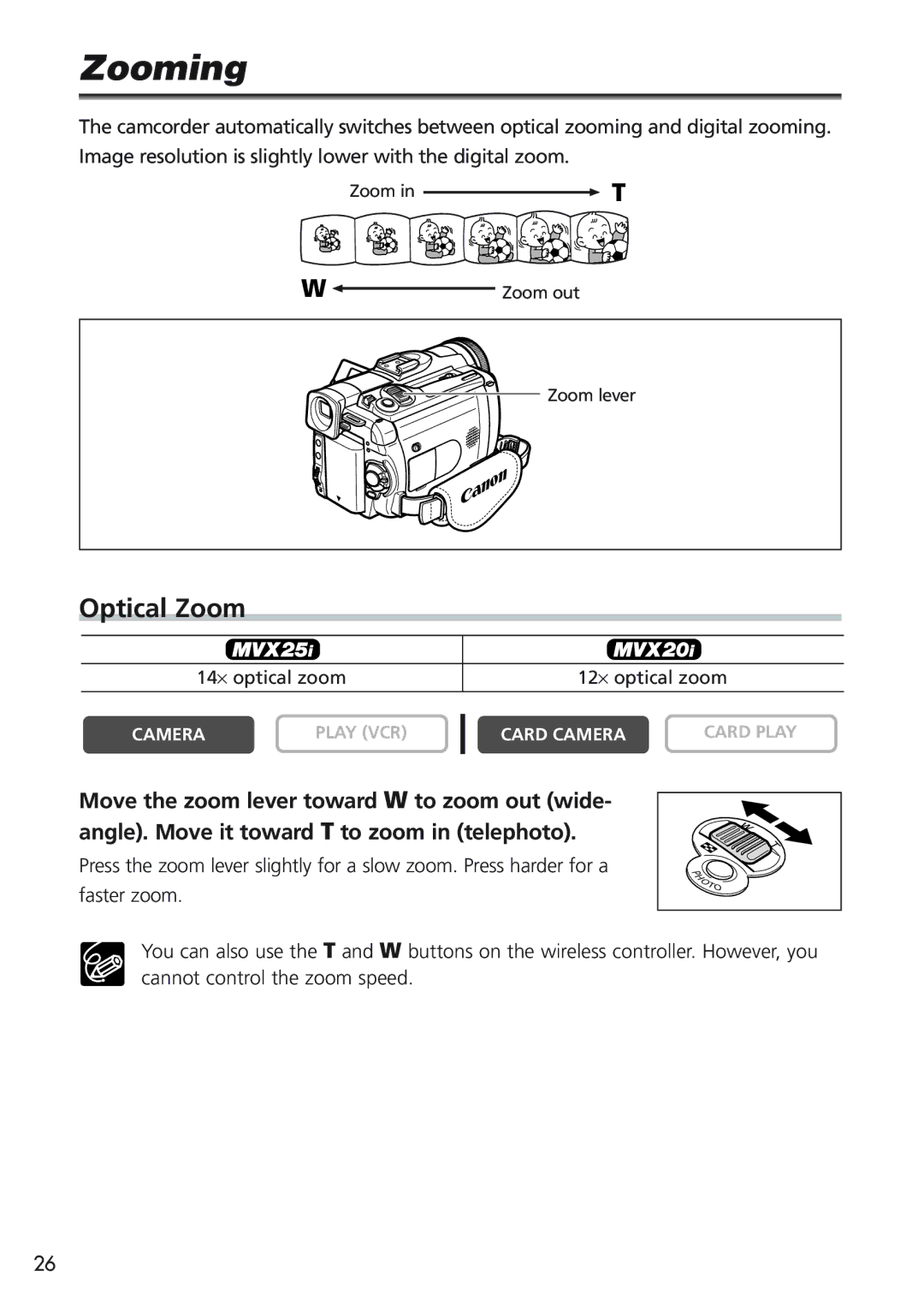 Canon MVX25i, MVX20i instruction manual Zooming, Optical Zoom 