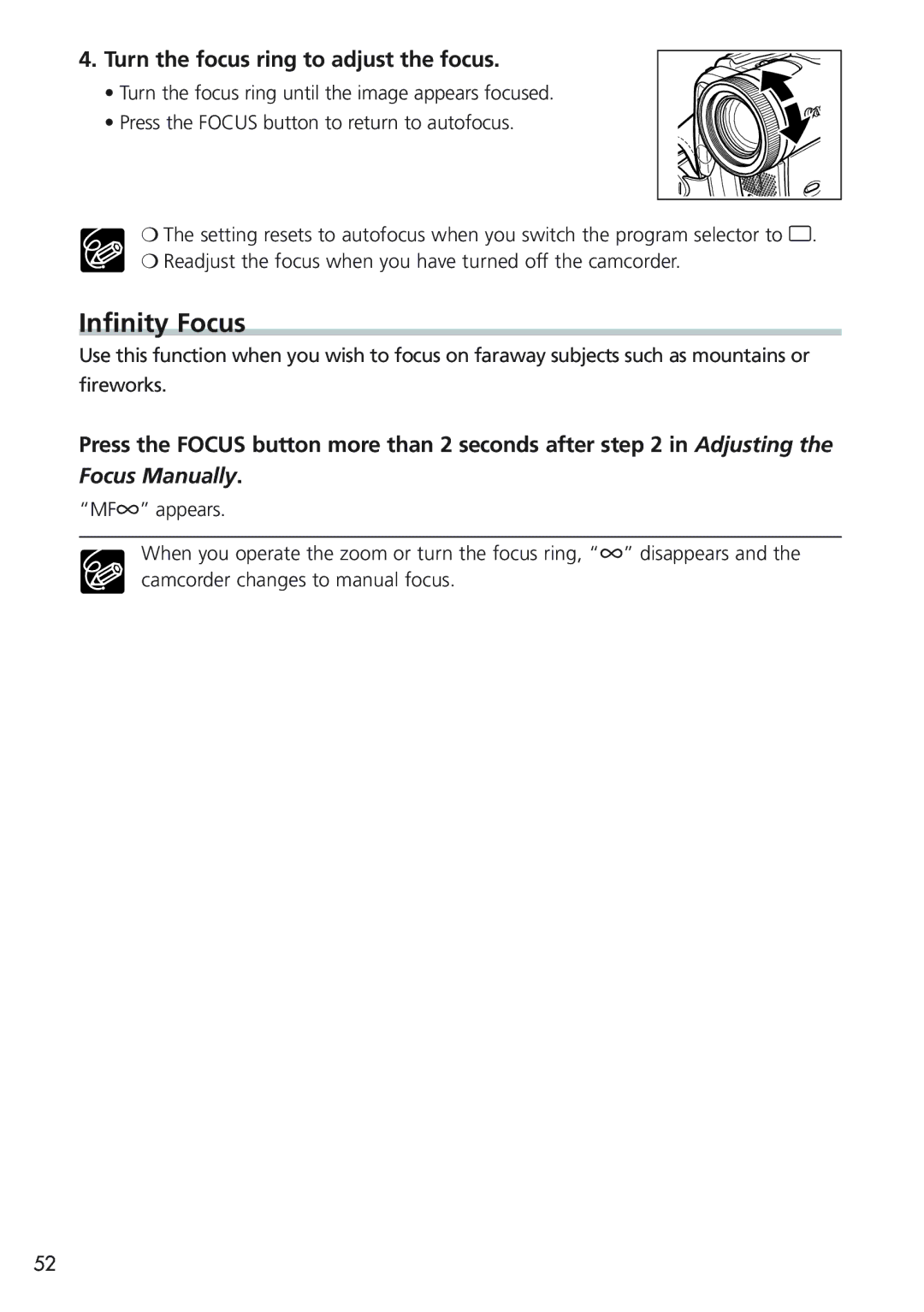 Canon MVX25i, MVX20i instruction manual Infinity Focus, Turn the focus ring to adjust the focus 