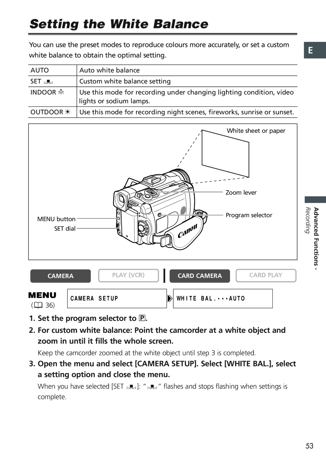 Canon MVX20i, MVX25i instruction manual Setting the White Balance, Indoor T 