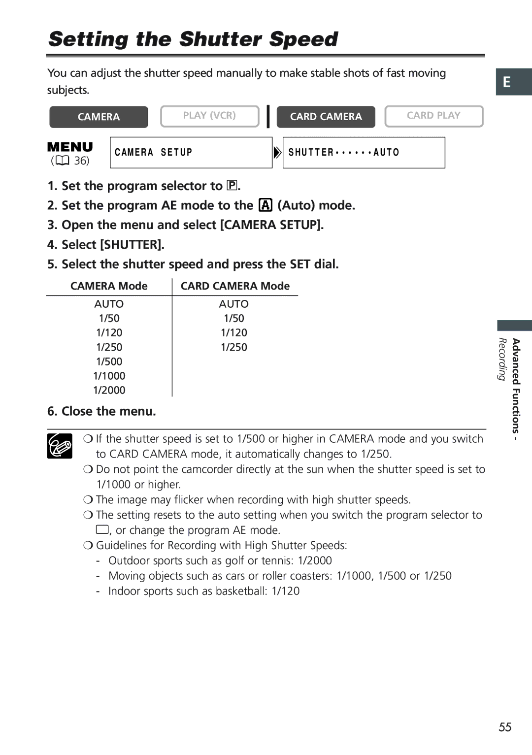 Canon MVX20i, MVX25i instruction manual Setting the Shutter Speed, Close the menu 