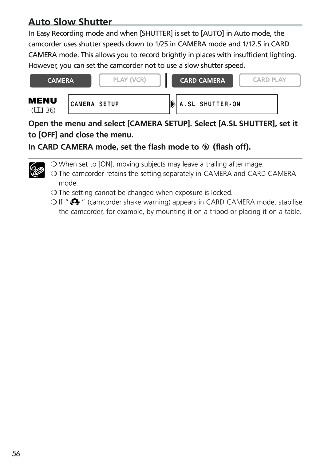 Canon MVX25i, MVX20i instruction manual Auto Slow Shutter 