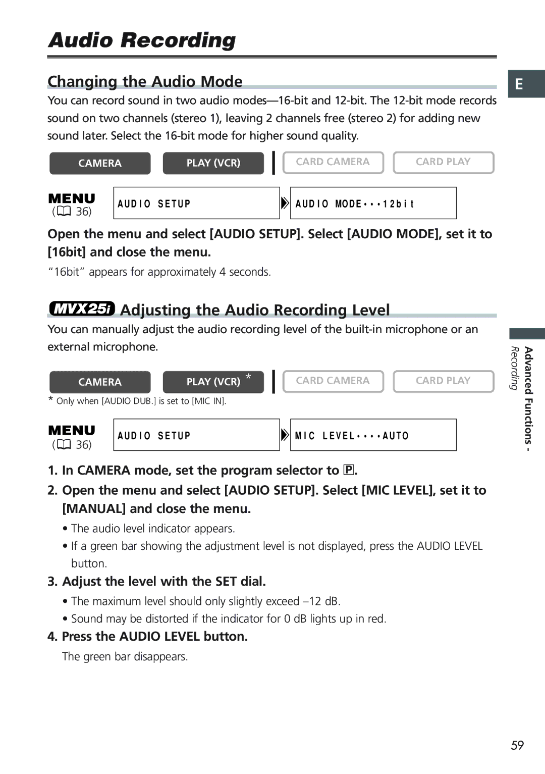 Canon MVX20i, MVX25i instruction manual Adjusting the Audio Recording Level, Camera mode, set the program selector to Q 