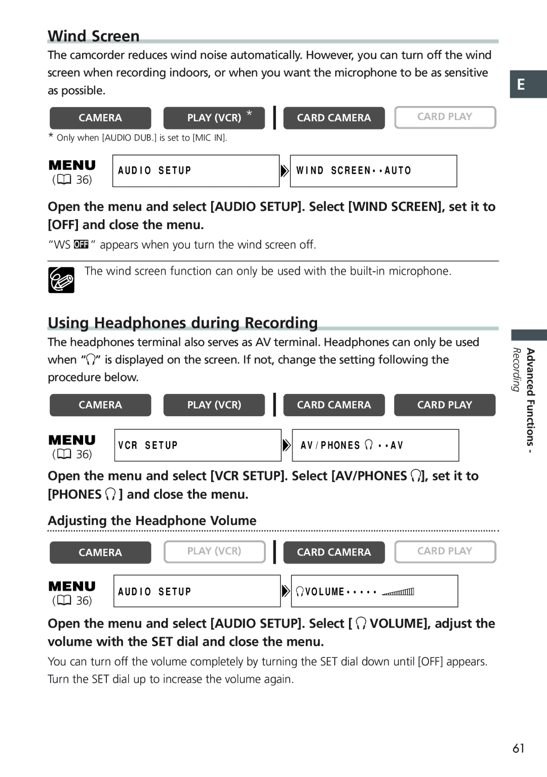 Canon MVX20i, MVX25i instruction manual Wind Screen, Using Headphones during Recording, Adjusting the Headphone Volume 