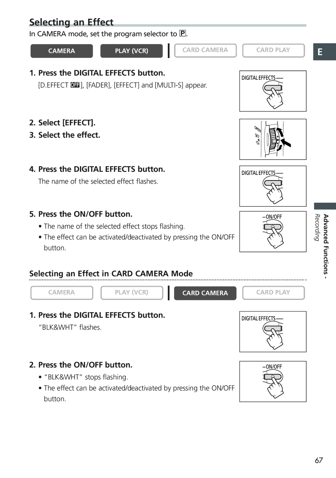 Canon MVX20i Press the ON/OFF button, Selecting an Effect in Card Camera Mode, Name of the selected effect flashes 