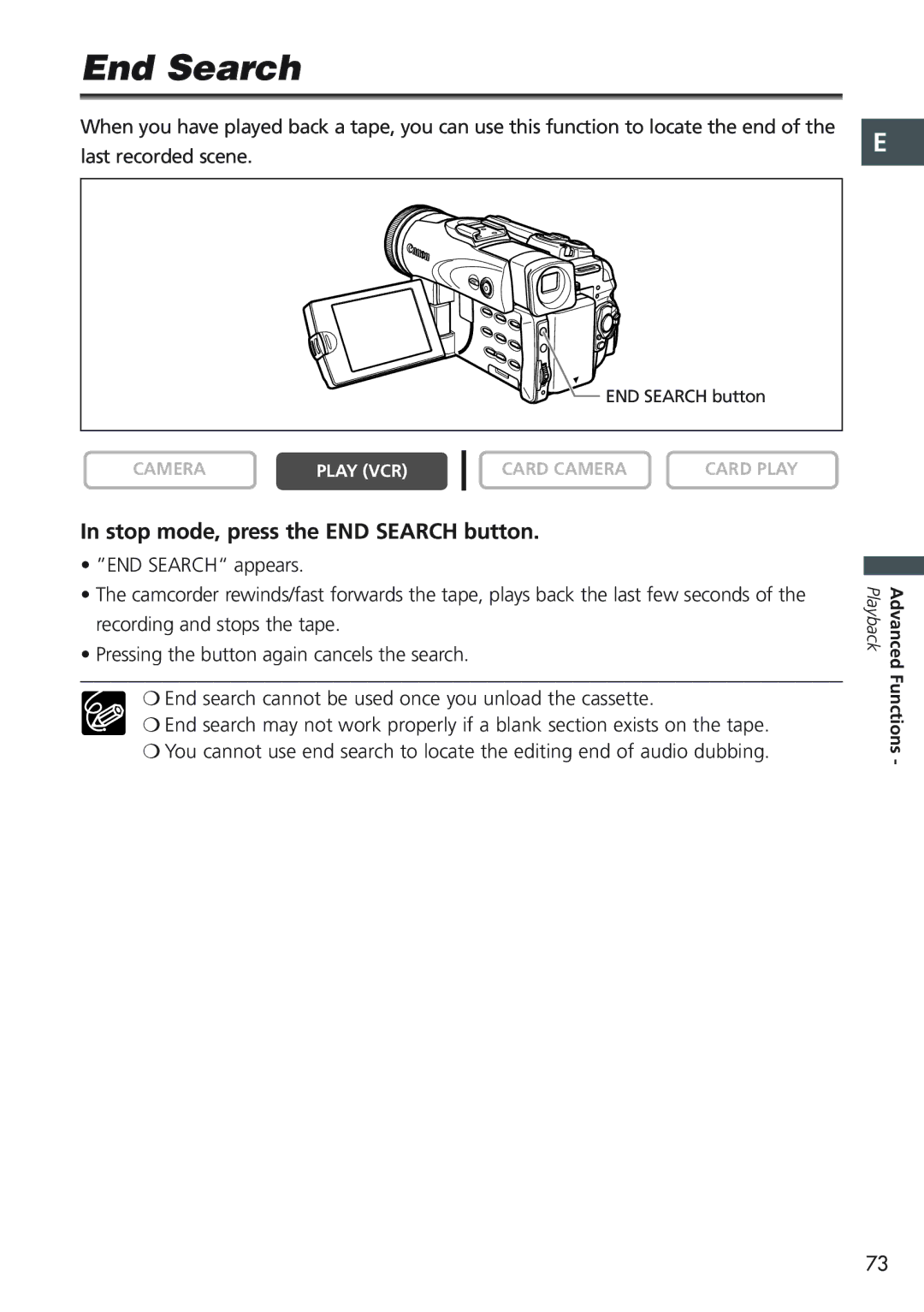 Canon MVX20i, MVX25i instruction manual End Search, Stop mode, press the END Search button 